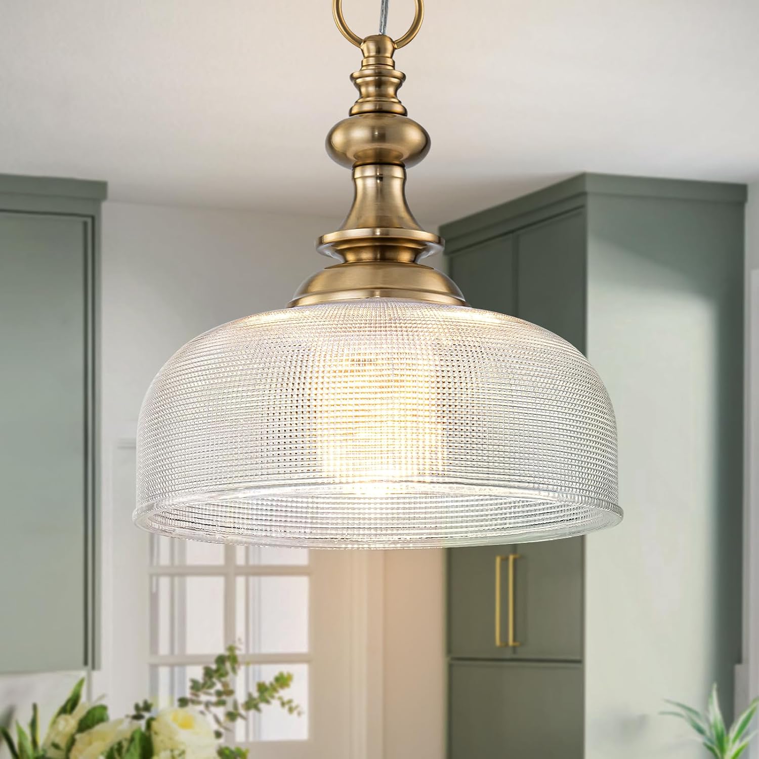 EDSILIVE Vintage Glass Pendant Lights Kitchen Island 10" Bowl Clear Glid Glass Hanging Ceiling Light Fixture with Brass Gold Finish for Dining Room Kitchen Table