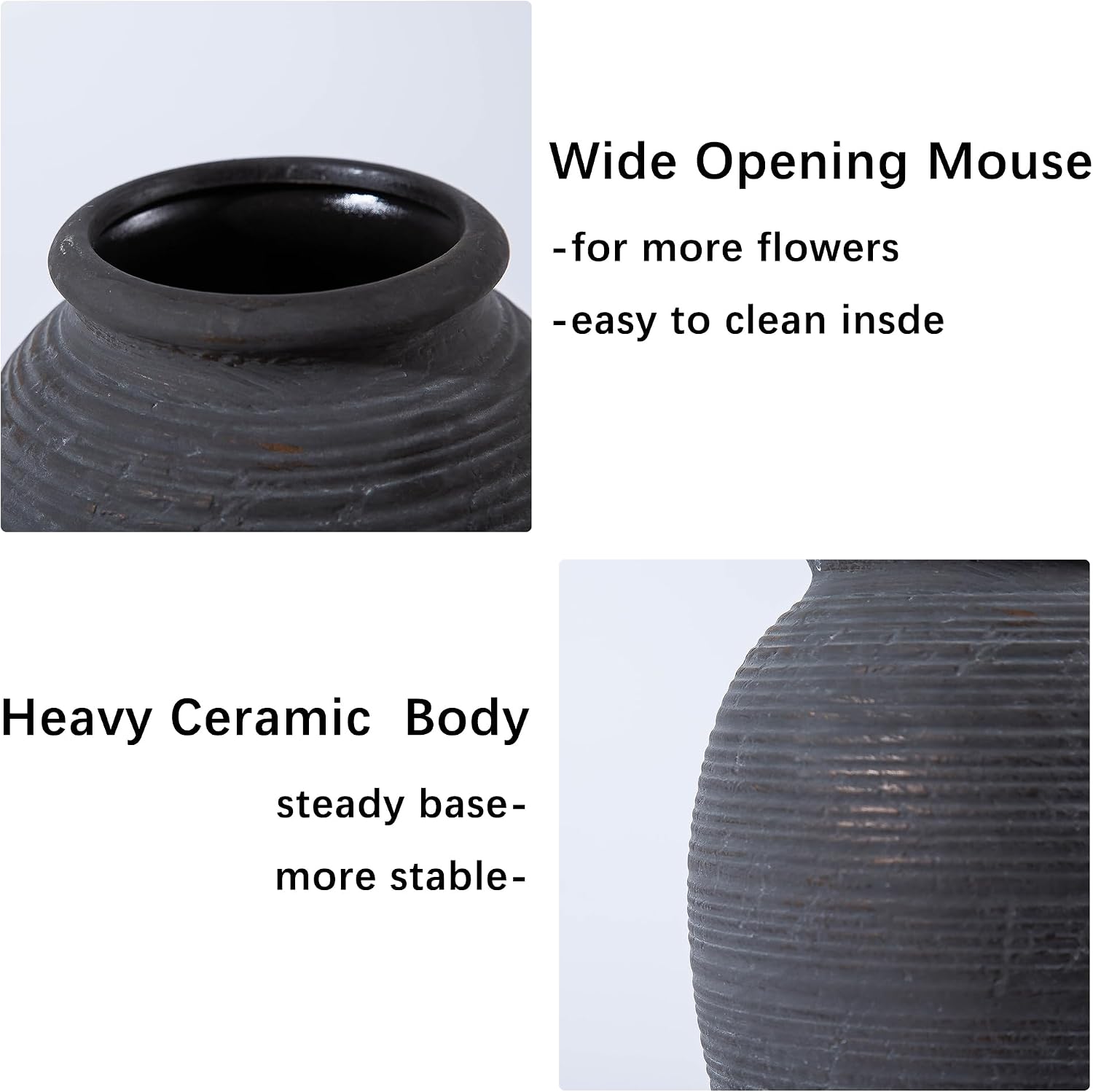 8 Inch Ceramic Black Vase -Rustic Flower Decorative Vases for Home Decor- Vintage Pottery VaseTerracotta Vase for Christmas, Farmhouse House Shelf Decor Farmhouse Table, Lyeec