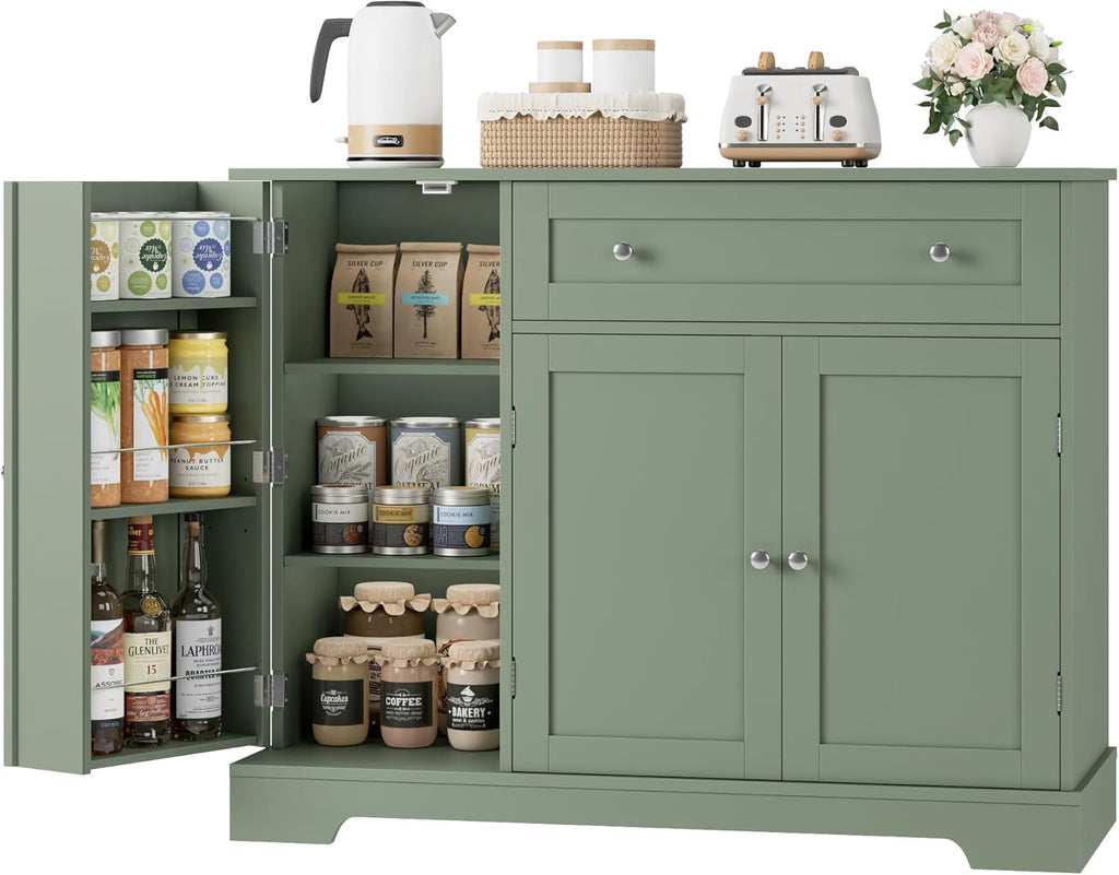 HOSTACK Buffet Cabinet with Storage, Modern Sideboard Buffet with Doors, Wood Coffee Bar Kitchen Storage Cabinet with Drawer and Adjustable Shelf for Kitchen, Dining Room, Living Room, Green