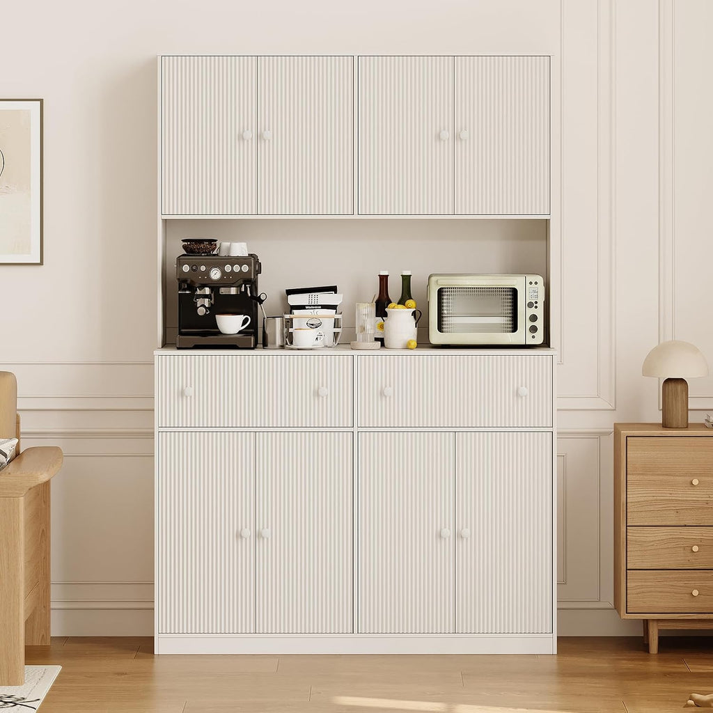 Garvee 47" Fluted Kitchen Pantry Cabinet with Countertop and Charging Station - Tall Pantry Storage Cabinet with 2 Drawers and Adjustable Shelves for Dining Room, Living Room
