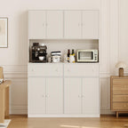 Garvee 47" Fluted Kitchen Pantry Cabinet with Countertop and Charging Station - Tall Pantry Storage Cabinet with 2 Drawers and Adjustable Shelves for Dining Room, Living Room