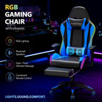 Mr IRONSTONE RGB Gaming Chair with Bluetooth Speakers, Ergonomic Gamer Chair with LED Lights, Vibration Lumbar Support, Footrest and High Back Reclining Design for Adults, Blue