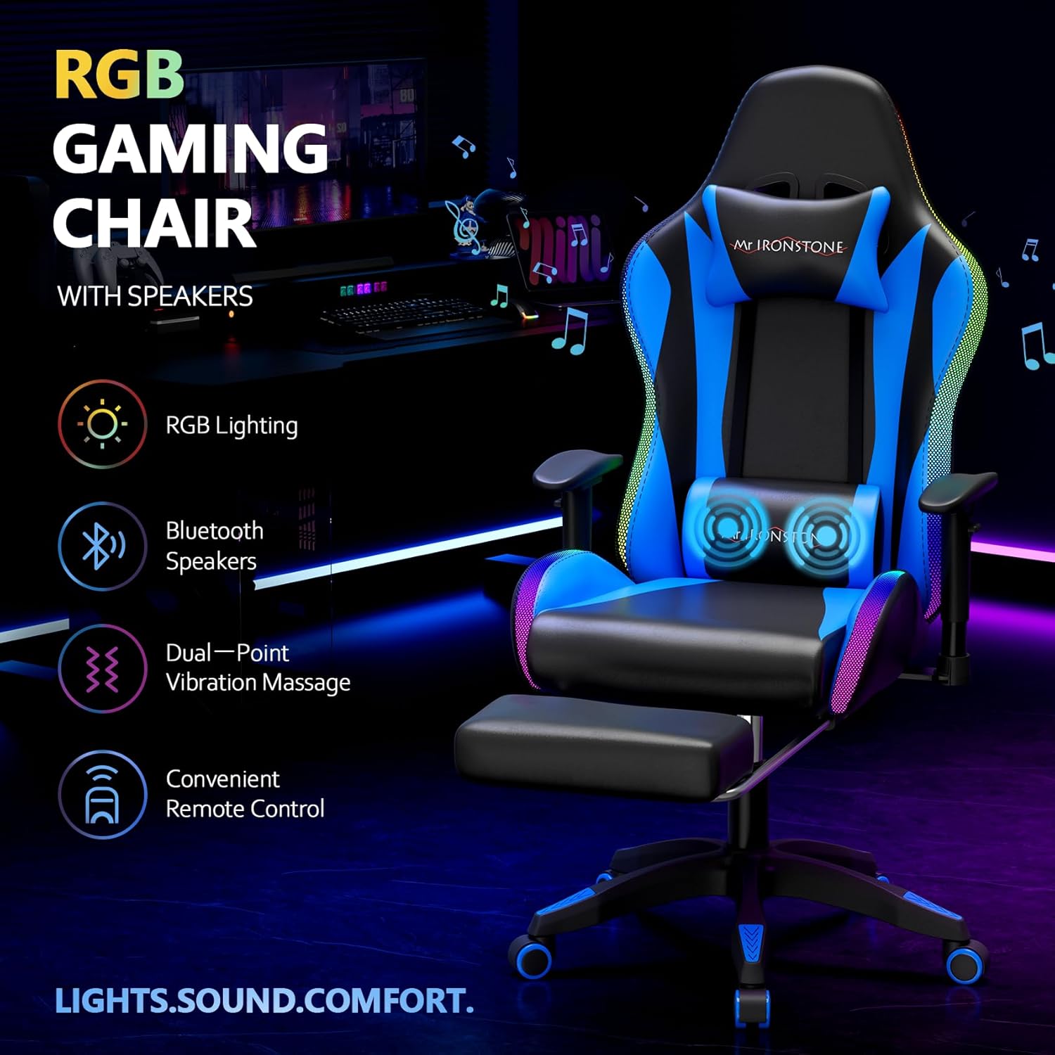 Mr IRONSTONE RGB Gaming Chair with Bluetooth Speakers, Ergonomic Gamer Chair with LED Lights, Vibration Lumbar Support, Footrest and High Back Reclining Design for Adults, Blue