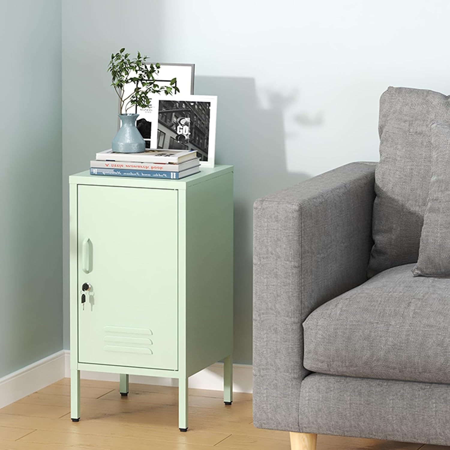 GarveeHome Metal Locker End Table,Modern Minimalist Room Side Table with 2 Adjustable Shelf,Anti-Tilt Design,Multi Storage Cabinet for Living Room Bedroom, Easy to Assemble