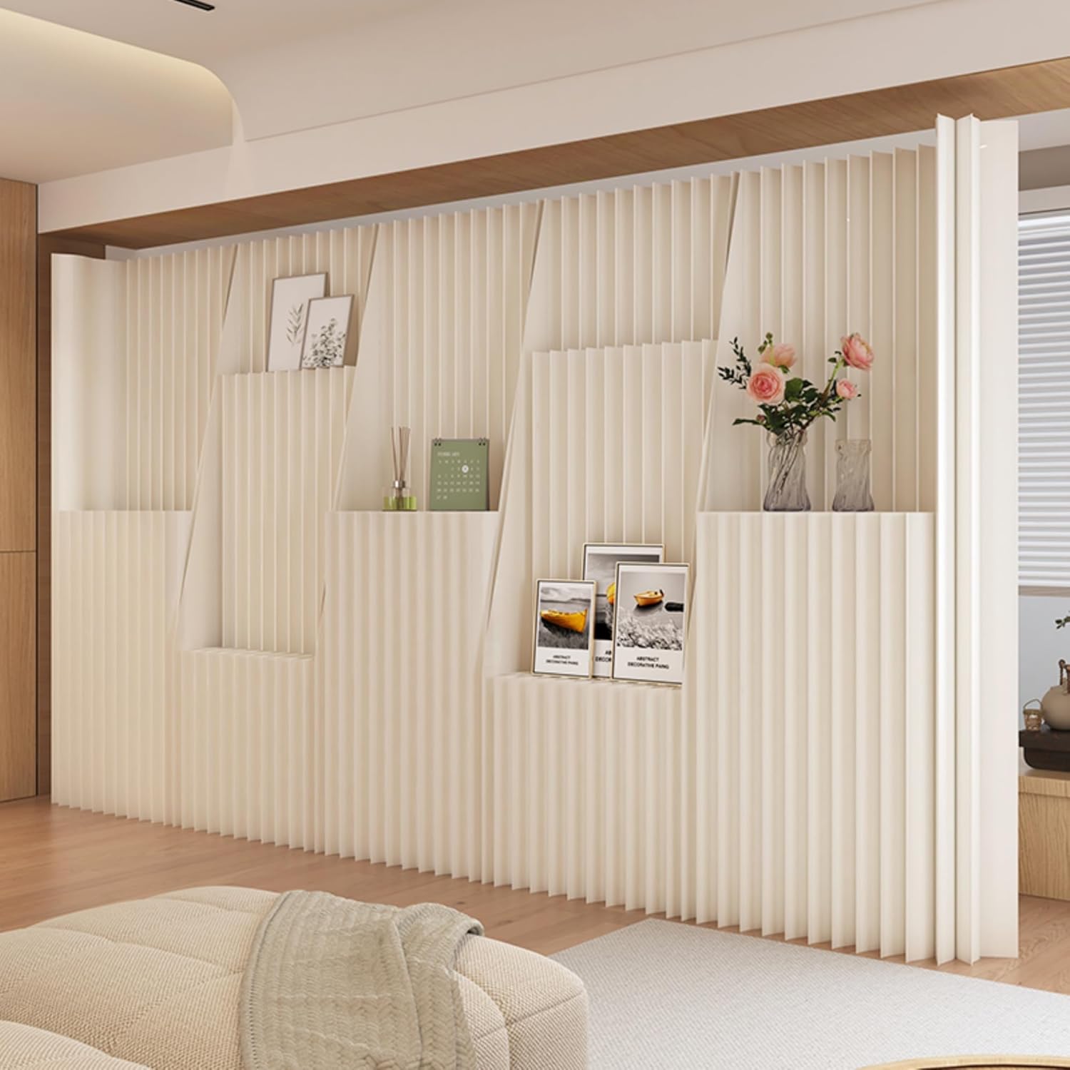 Portable Accordion Paper Room Divider with Storage Shelves, Folding Privacy Screen Partition Wall, Freestanding Room Separator for Office, Studio Apartment, Home, Dorm, Exhibition (13.2'W x 6.6'H)