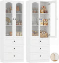 Cyclysio 80" Tall Pantry Cabinet for Kitchen Storage, White Pantry Cabinet with Glass Doors & 3 Drawers - Freestanding Storage Bookcase with Built-in Baseboard Notch for Dining, Living Room