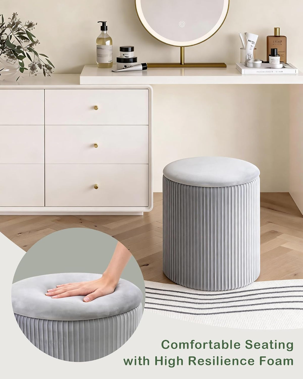 LITZFUR Round Ottoman with Storage,Velvet Upholstered Vanity Stool & Folding Foot Rest,Coffee Table for Living Room,Bedroom,Gray