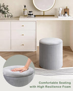 LITZFUR Round Ottoman with Storage,Velvet Upholstered Vanity Stool & Folding Foot Rest,Coffee Table for Living Room,Bedroom,Gray