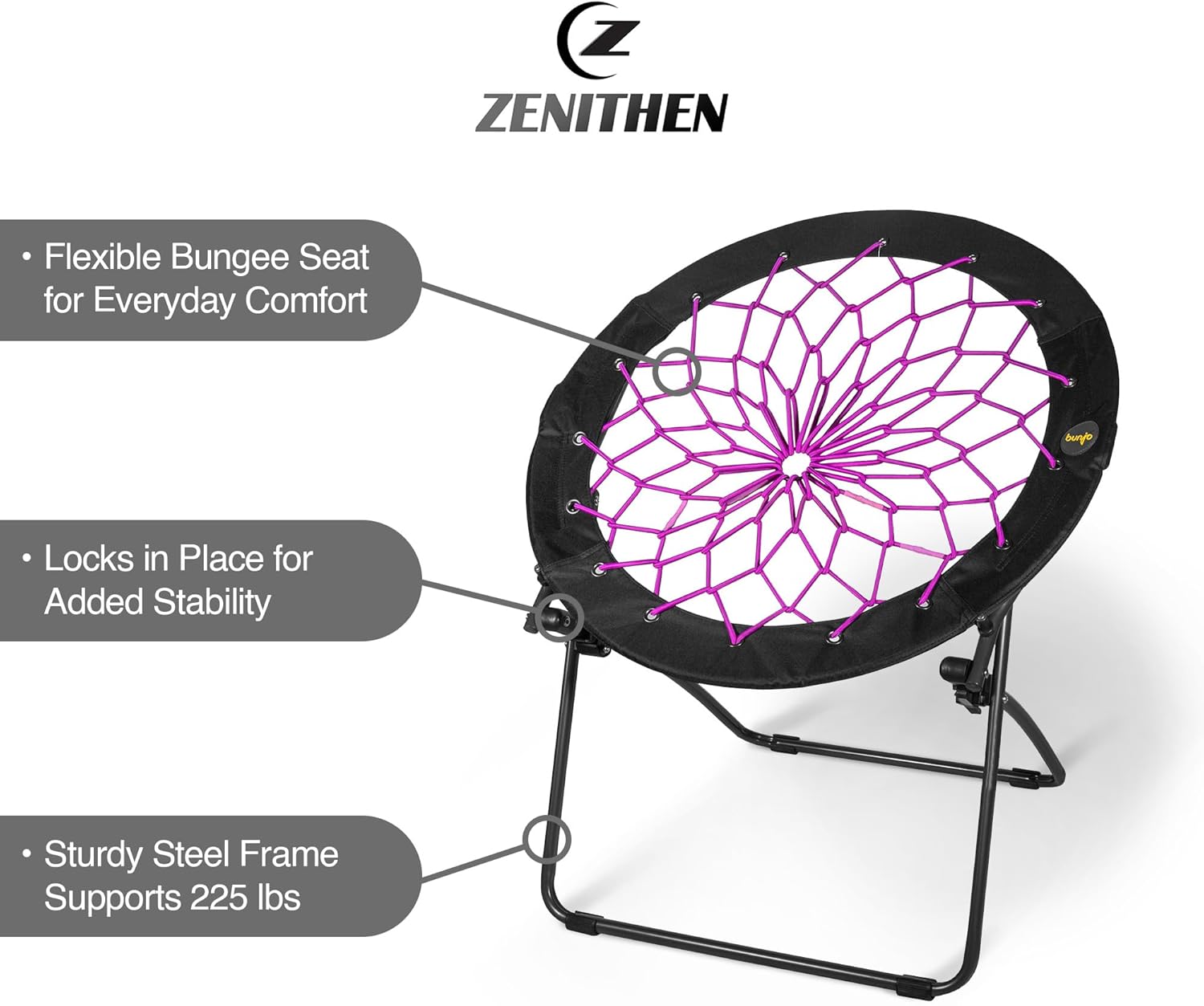 Zenithen Foldable 29" Bunjo Bungee Chair, Plum Jam (Pack of 1) - Lightweight Collapsible Seating for Teens, Adults, Dorms, Bedrooms, Camping & Gaming - 225lb Capacity Portable Seat