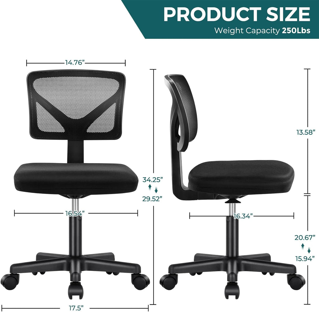DUMOS Small Office Chair Armless, Ergonomic Adjustable Home Office Swivel Rolling Task Chair No Arms, Comfy Mesh Mid Back Computer Work Vanity Desk Chiars with Wheels for Small Spaces, Inky