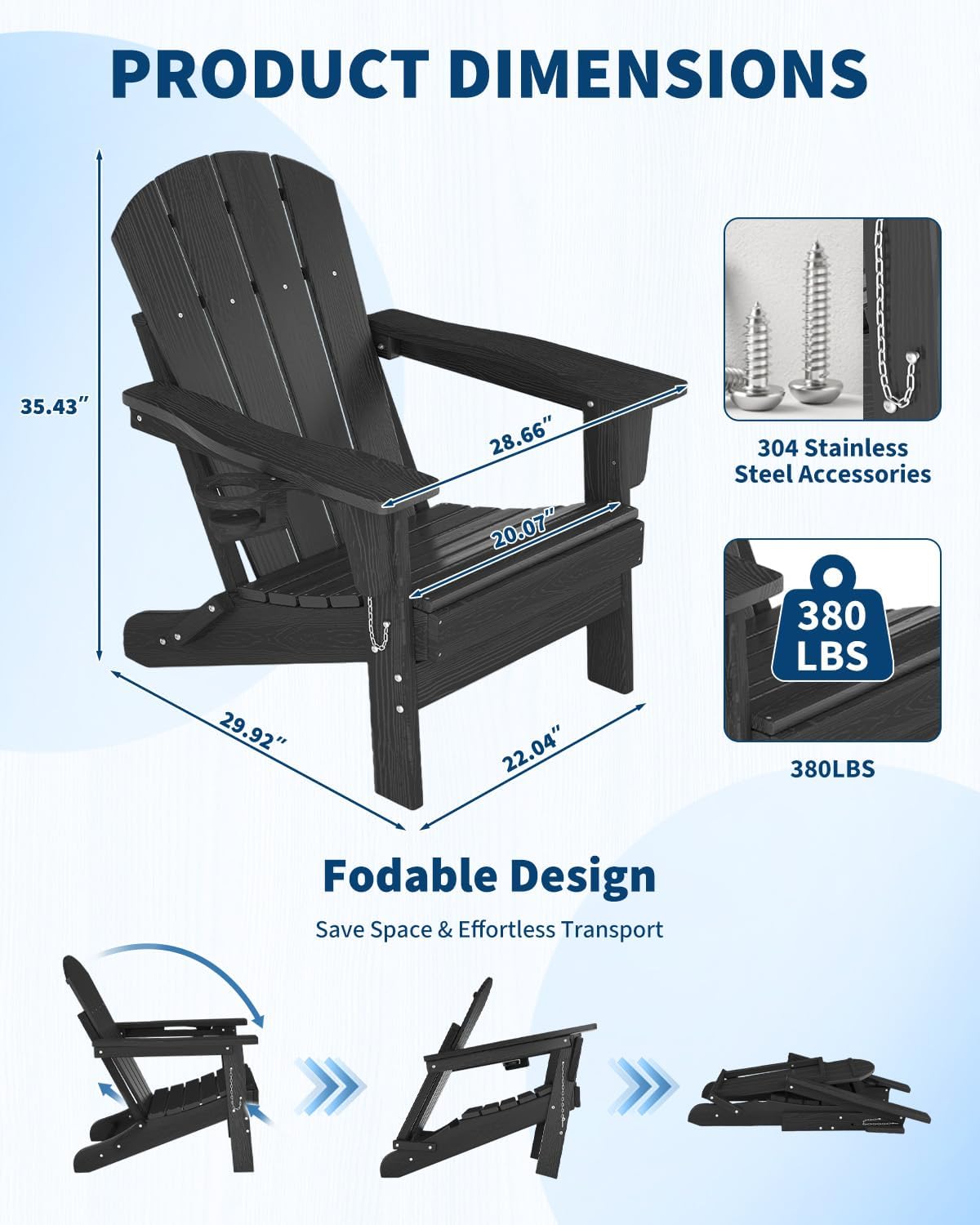 Garvee Folding Adirondack Chair, HDPE Outdoor Patio Chair with Cup Holder, All Weather Resistent Wooden Textured for patios, Decks, Gardens, fire Pit, Black
