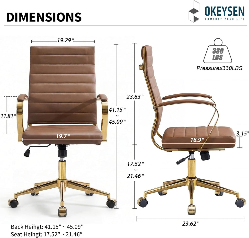 Okeysen Gold Office Desk Chair, Ergonomic Leather Modern Conference Room Chairs, Executive Ribbed Height Adjustable Swivel Rolling Golden Chair for Home Office.