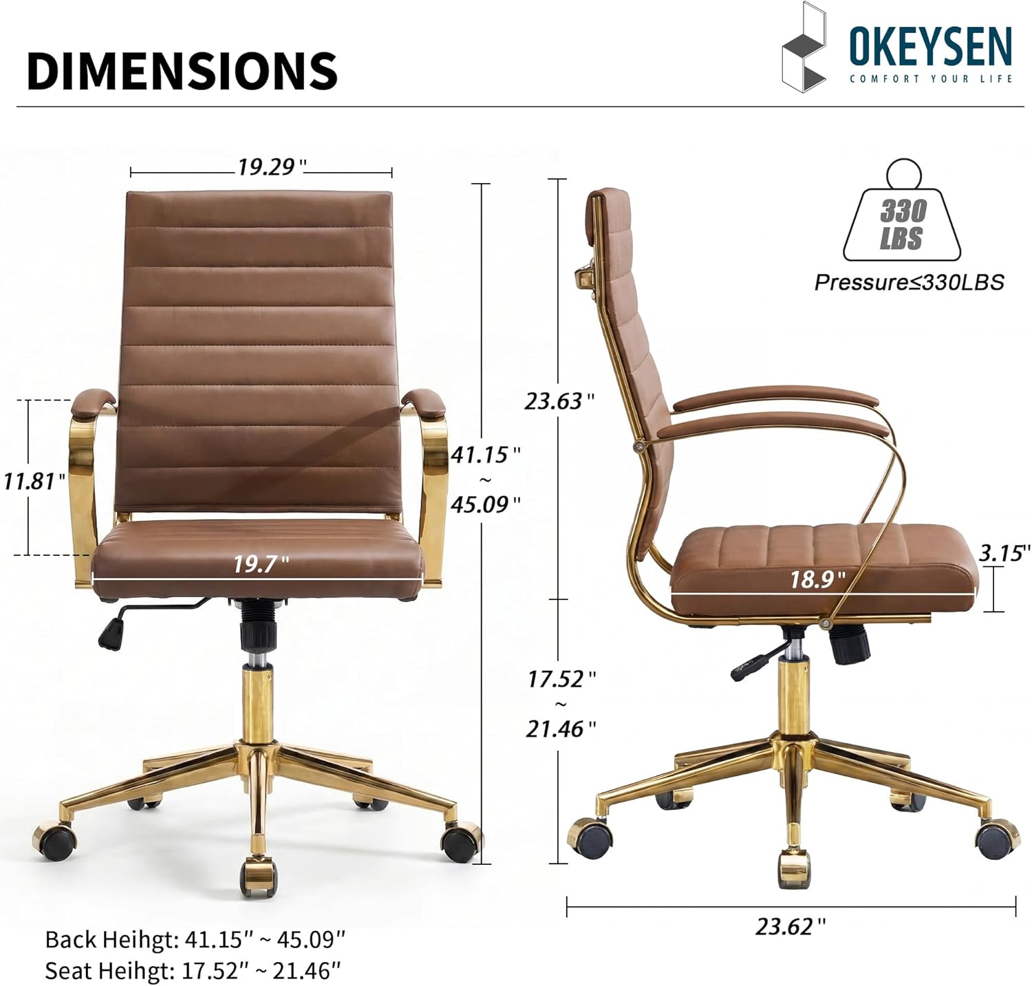 Okeysen Gold Office Desk Chair, Ergonomic Leather Modern Conference Room Chairs, Executive Ribbed Height Adjustable Swivel Rolling Golden Chair for Home Office.