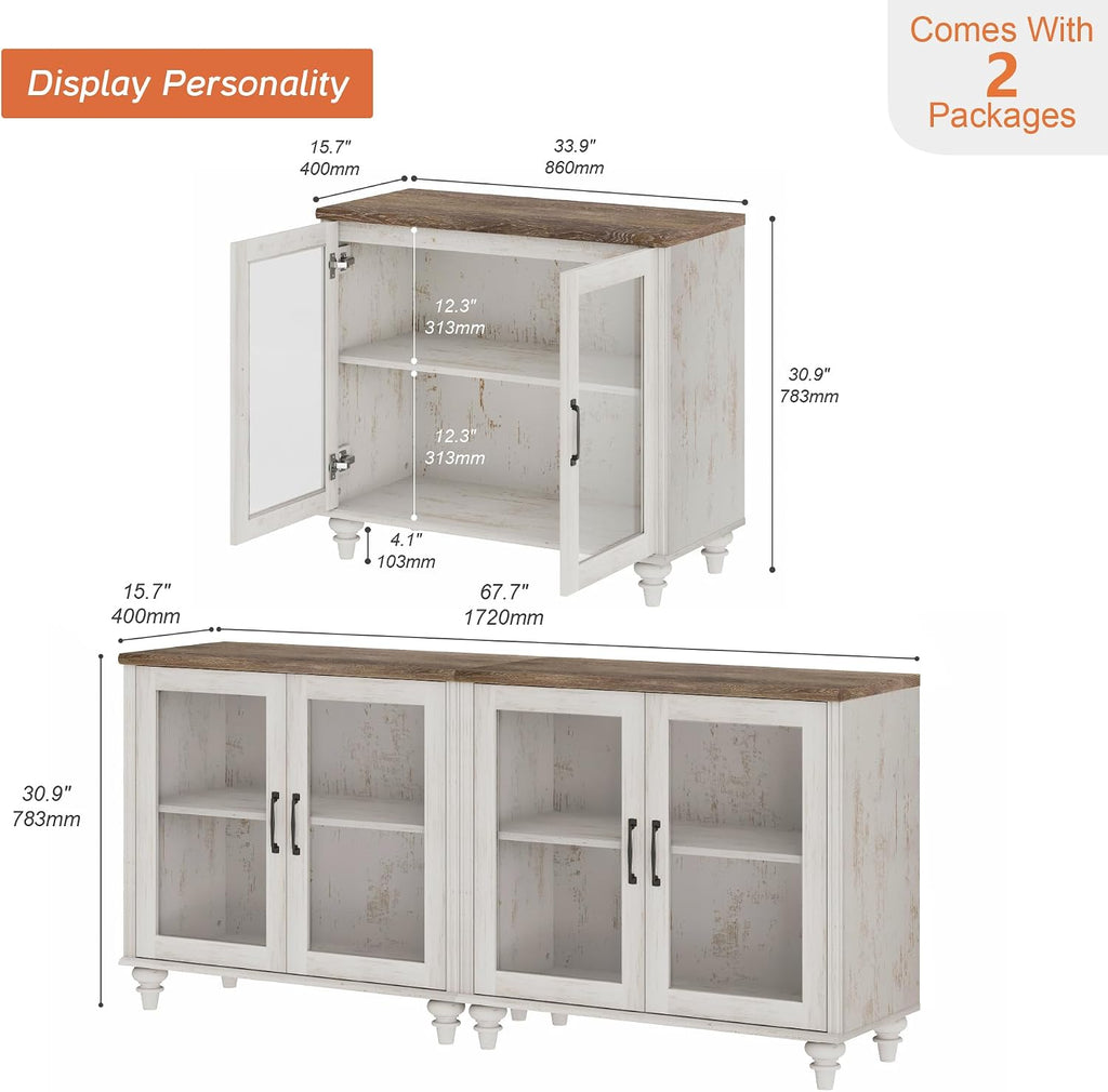 WAMPAT Farmhouse End Table with Ample Storage, Set of 2 Large Mid Century Modern Wood Bedside Table, Wide Sofa Side End Table with Glass Doors, Cabinet for Living Room, Bedroom, Rustic White