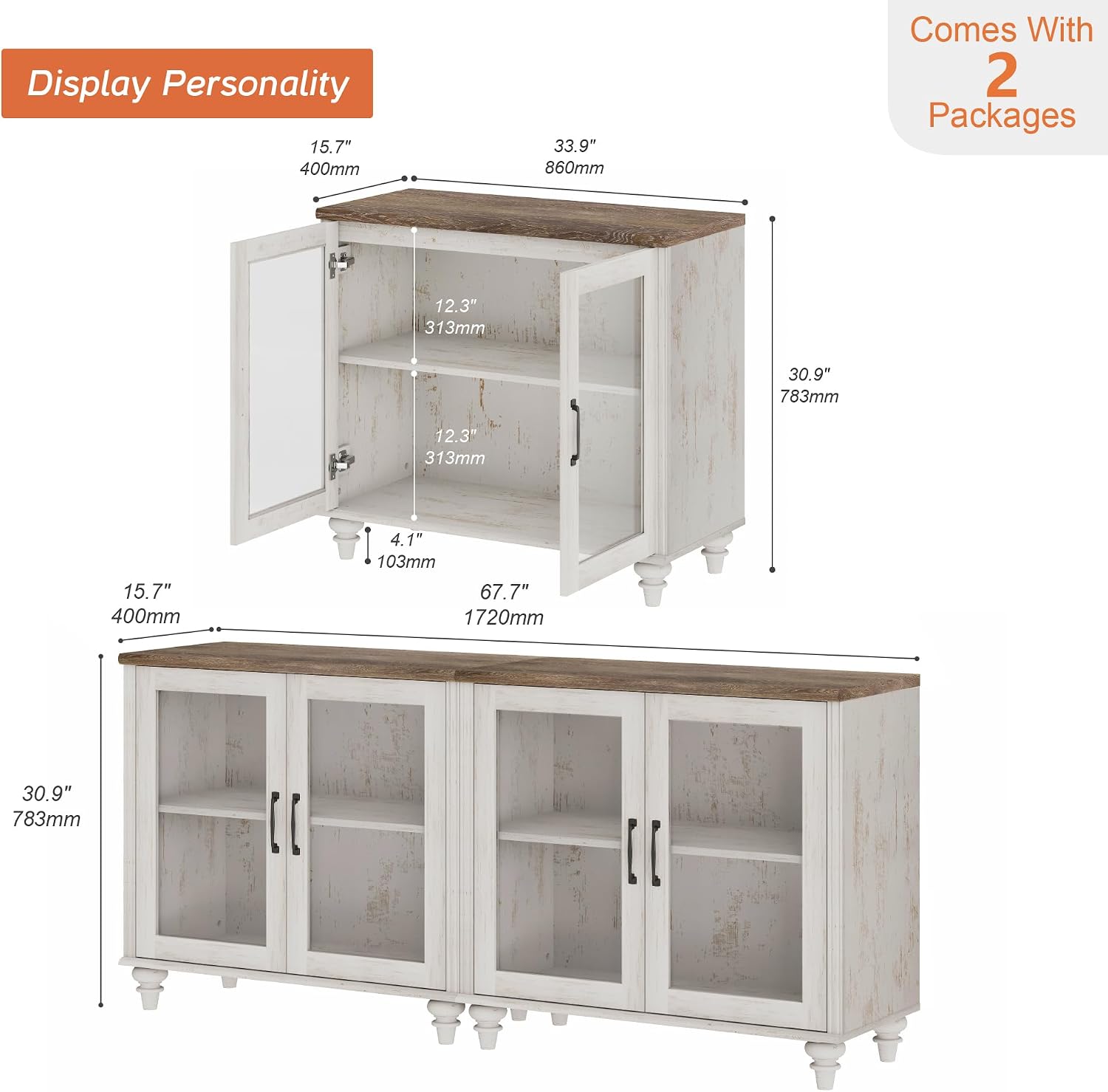 WAMPAT Farmhouse End Table with Ample Storage, Set of 2 Large Mid Century Modern Wood Bedside Table, Wide Sofa Side End Table with Glass Doors, Cabinet for Living Room, Bedroom, Rustic White