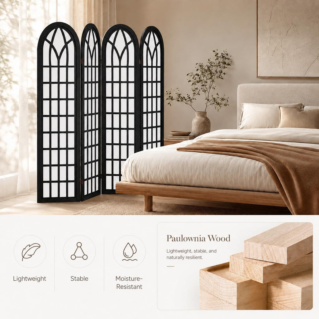 4 Panel Room Divider Screen, Freestanding Shoji Style Privacy Partition with Black Wooden Frame, Decorative Folding Wall Divider for Bedroom, Office, Apartment