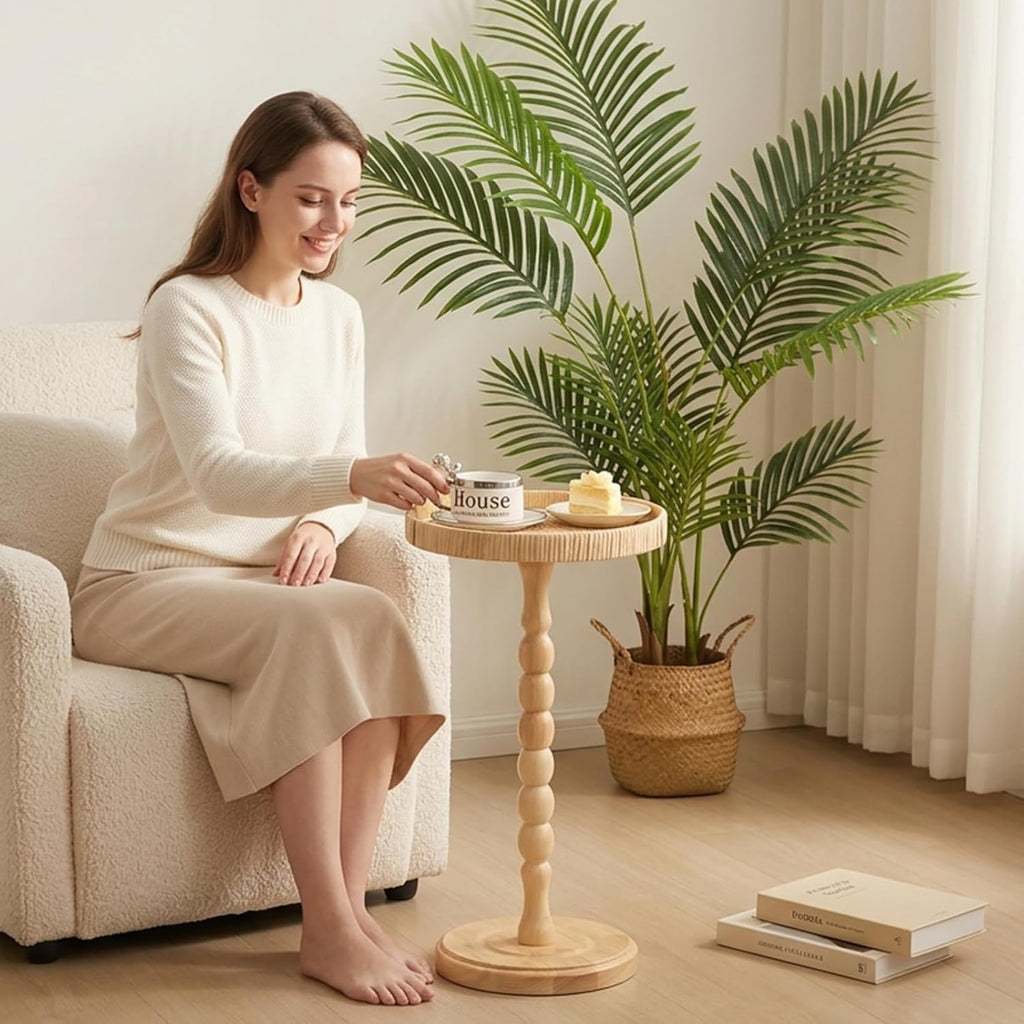 Small Drink Table, Rattan Round Side Table for Small Spaces, Boho Accent Table End Table with Solid Wood Leg for Living Room, Nightstand Table for Bedroom, Corners