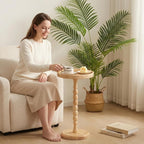 Small Drink Table, Rattan Round Side Table for Small Spaces, Boho Accent Table End Table with Solid Wood Leg for Living Room, Nightstand Table for Bedroom, Corners