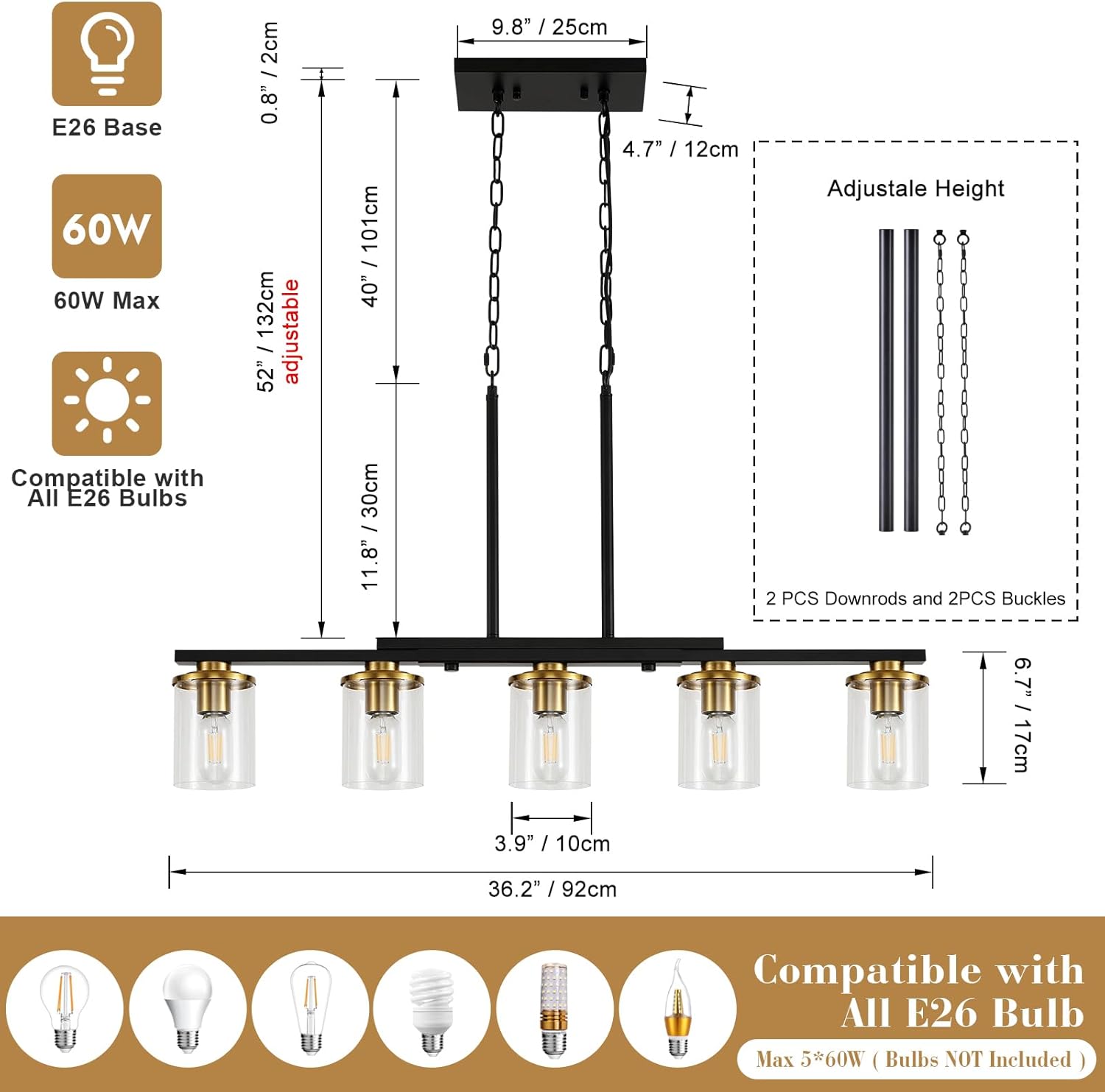 36.2inch 5-Light Kitchen Island Lighting,Dining Room Lights Modern Farmhouse Chandelier with Clear Glass Shade,Modern Rustic Black and Gold Metal Chandelier, Kitchen Pendant Light Fixtures