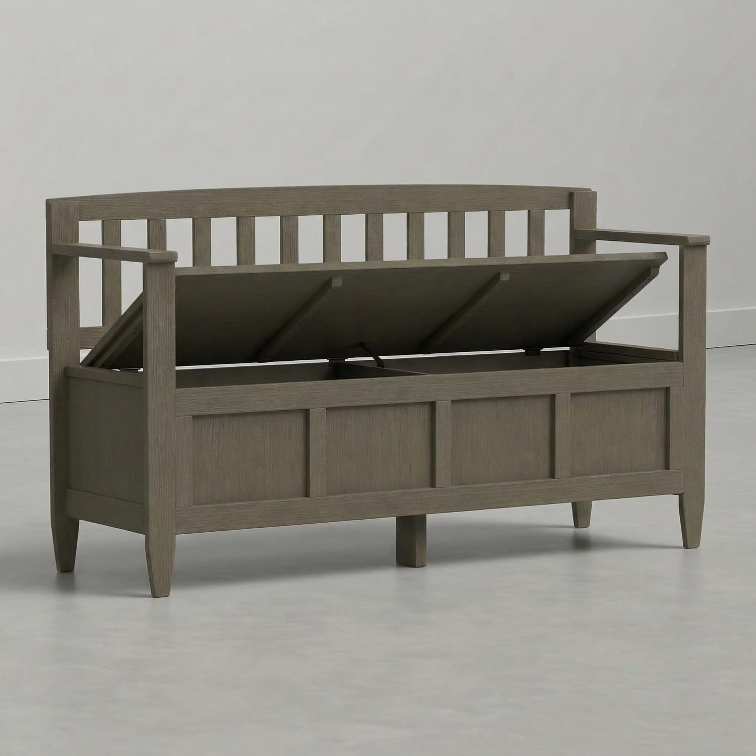 SIMPLIHOME Brooklyn Entryway Storage Bench - 48 inch Wide Solid Wood Storage Seat in Aged Grey, Contemporary Bench for Entryway or Living Room with Lift-Up Lid and Slatted Backrest