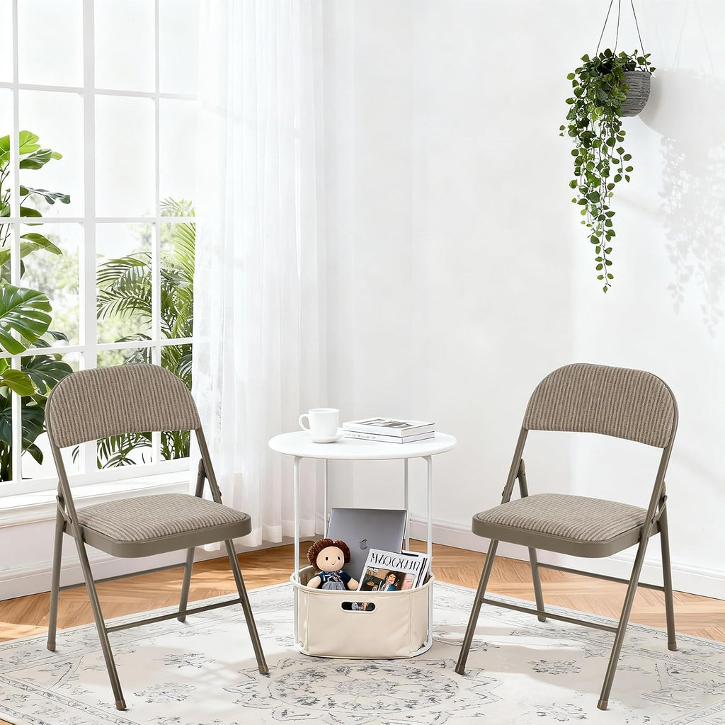 DUMOS 2 Pack Folding Chairs with Padded Cushion and Back - Fabric Stackable Portable Dining Chairs Set, for Home and Office, Conference, Wedding, Party, Patio, Garden, for Indoor Outdoor, Khaki