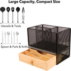 Kitchen Utensil Holder Countertop, Extra Large Utensil Organizer with Drawer, 2 Tier Utensil & Silverware Holder for Counter, Countertop Organizer for Cooking Utensil Cutlery, Quick Dry Diatomite Base