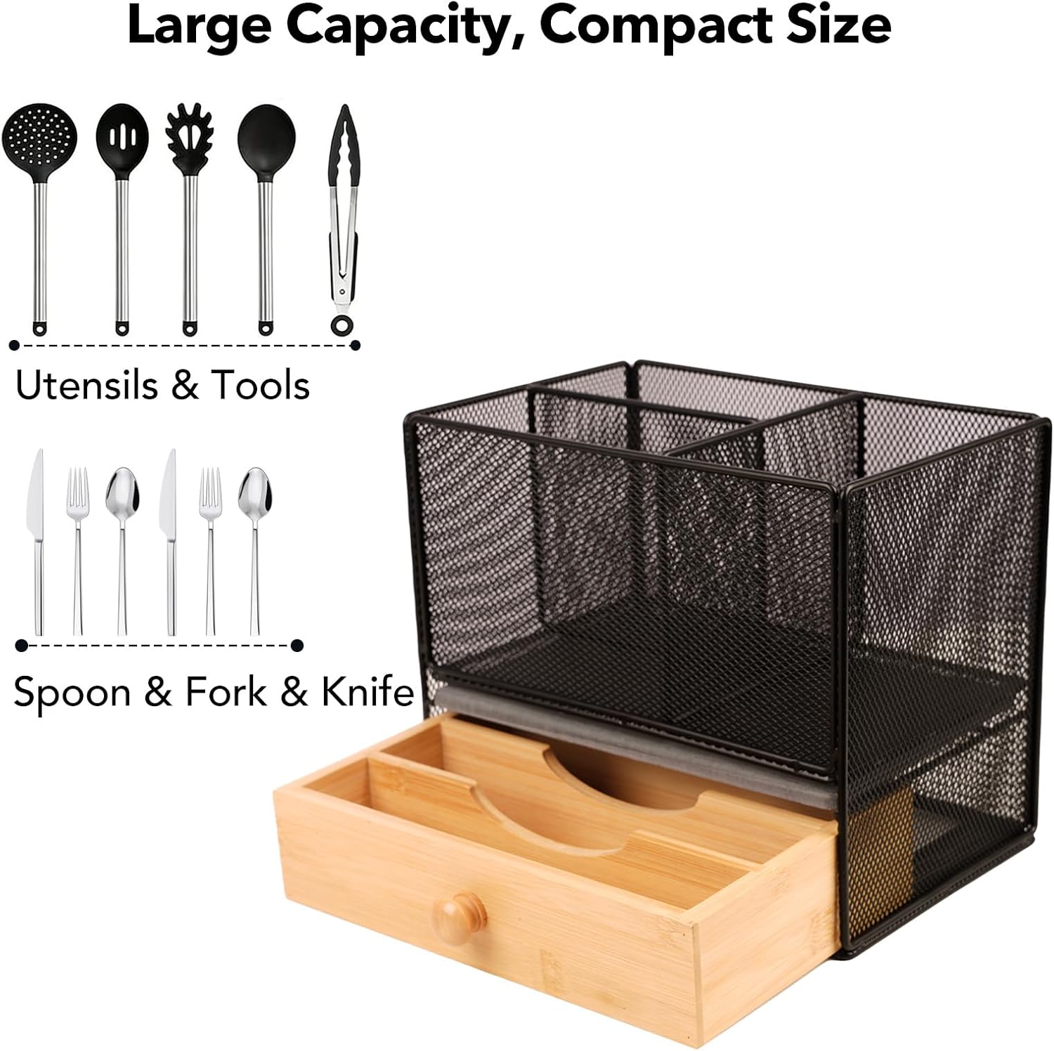 Kitchen Utensil Holder Countertop, Extra Large Utensil Organizer with Drawer, 2 Tier Utensil & Silverware Holder for Counter, Countertop Organizer for Cooking Utensil Cutlery, Quick Dry Diatomite Base