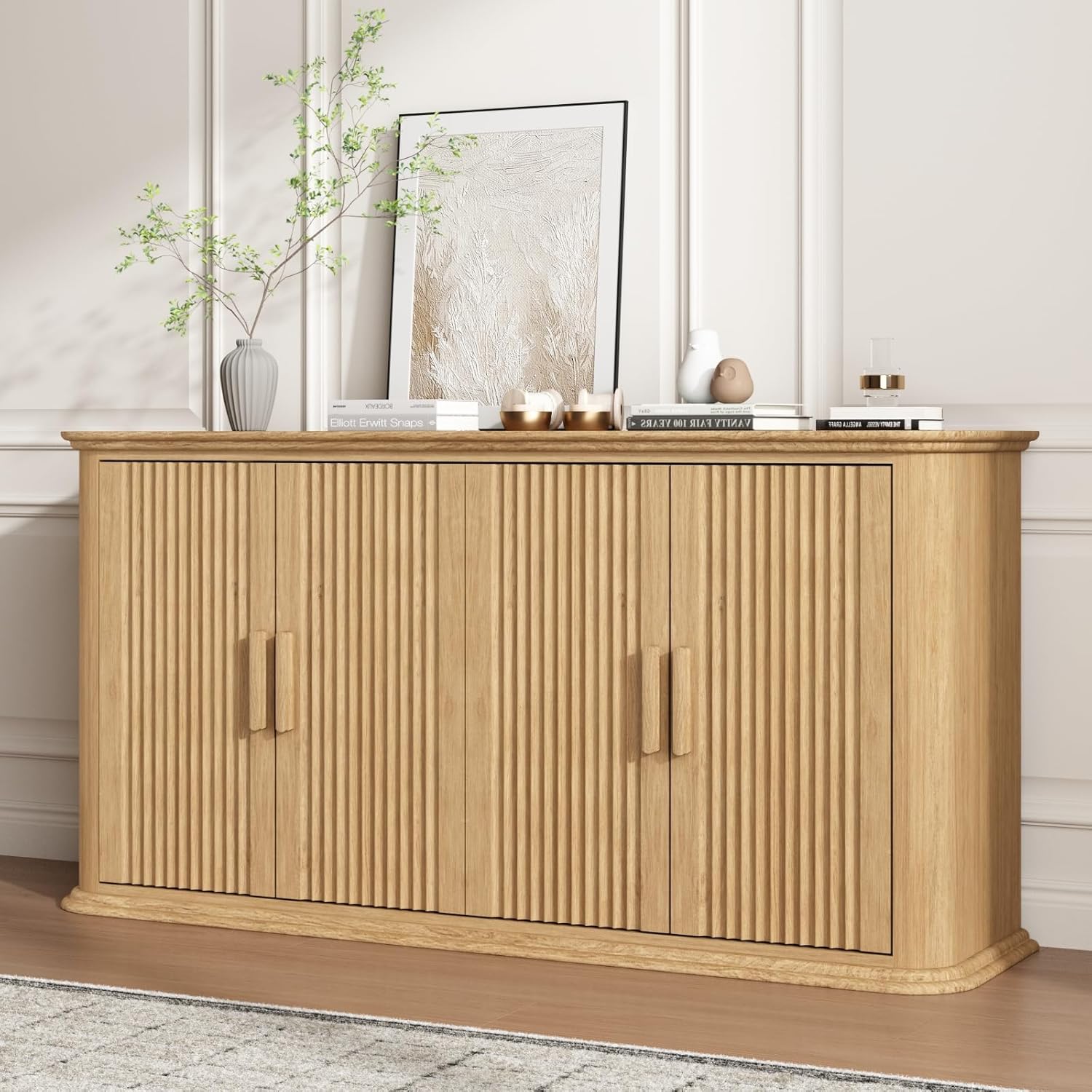 Fluted Sideboard Buffet Cabinet with Storage, 60" Modern Credenza with 4 Doors & Adjustable Shelves, Wood Coffee Bar Table for Living Room, Kitchen, Dining Room, Hallway, Natural Oak