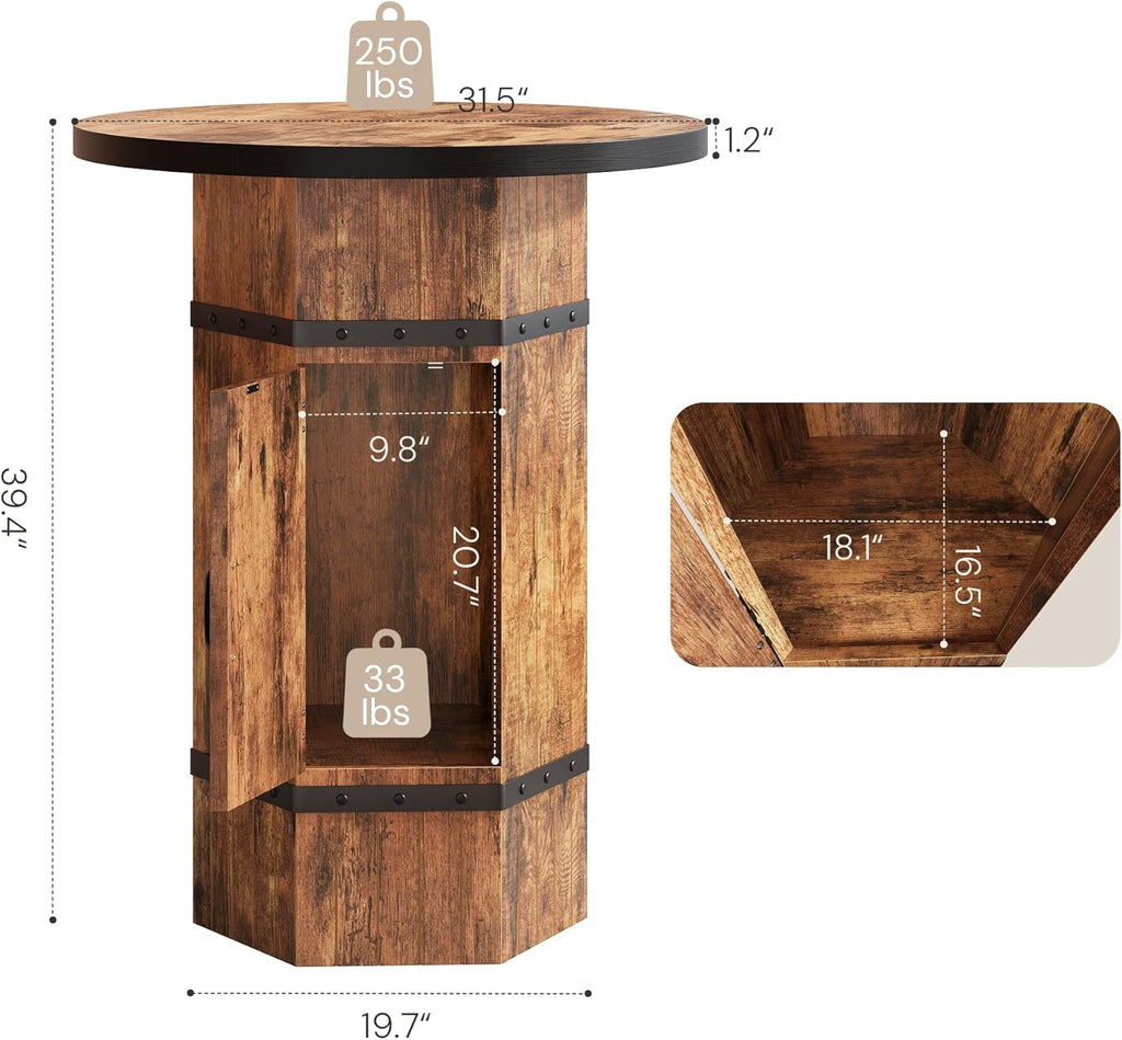 Round Bar Table with Hidden Storage, 39.4" H Bar Height Pub Table with Sturdy Barrel-Inspired Base, Rustic Industrial Bistro Cocktail Table for Pub, Kitchen, Home Bar, Apartment (Table Only)