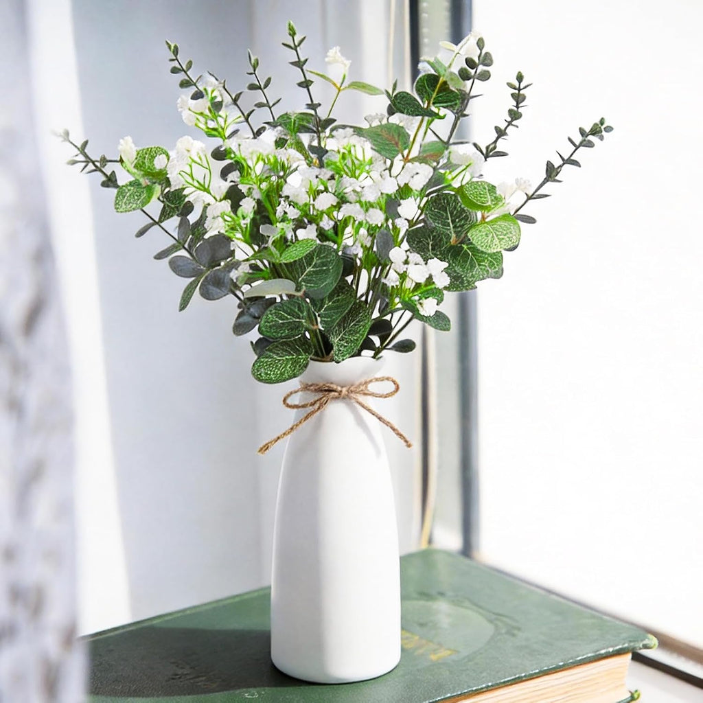 Artificial Flowers in Vase Set, Eucalyptus Stems and Baby’s Breath Bundle, Fake Plants Floral Arrangement with Ceramic Vase for Table Centerpiece Home Décor