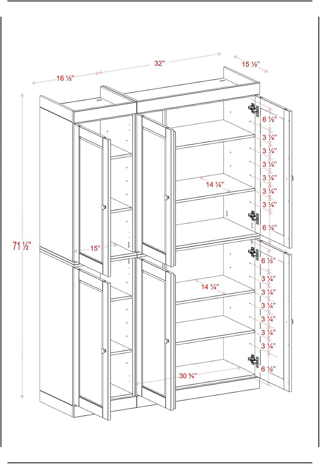 Palace Imports Solid Wood Kitchen Pantry Cabinet - 71.5" H x 48.5" W - Wooden Storage Cabinet w/ 6 Shaker Doors & 8 Adjustable Shelves - Antique Blue, 100% Renewable Eco-Friendly Wood, Made in Brazil