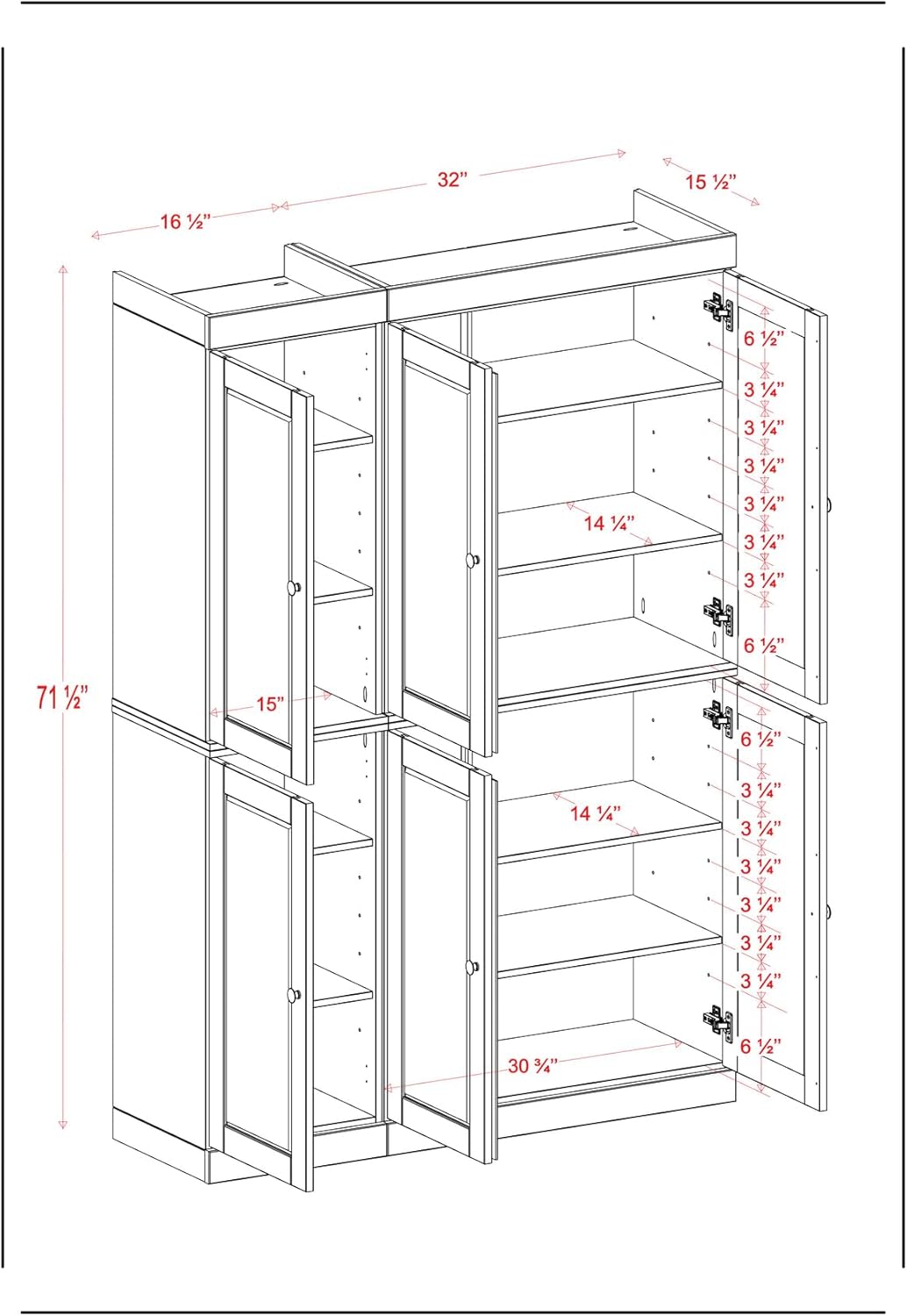 Palace Imports Solid Wood Kitchen Pantry Cabinet - 71.5" H x 48.5" W - Wooden Storage Cabinet w/ 6 Shaker Doors & 8 Adjustable Shelves - Antique Blue, 100% Renewable Eco-Friendly Wood, Made in Brazil