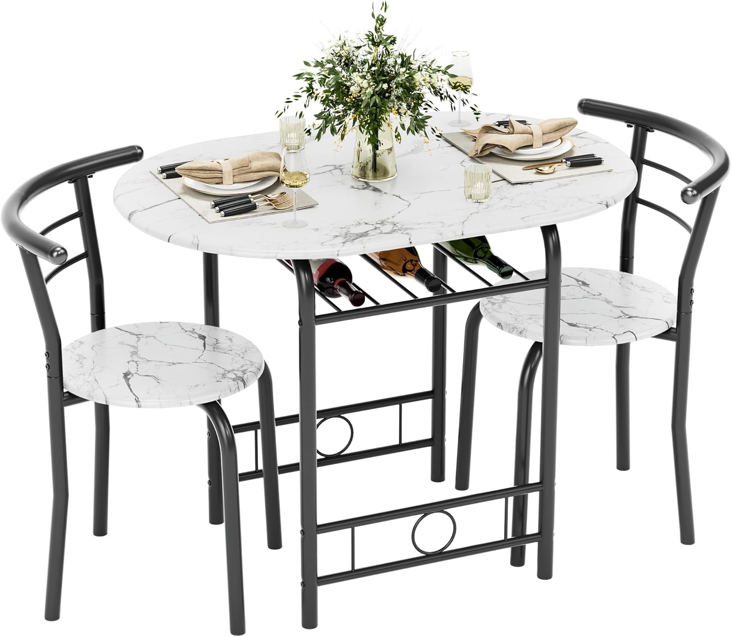 Flamaker Dining Table for 2, 3 Piece Round Table & Chair Set, Small Kitchen Table for Breakfast Nook, Wood Grain Tabletop & Built-in Storage Rack, Space Saving for Kitchen, Dining Room (White & Black)