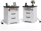 Garvee Farmhouse Rustic Nightstands with Charging Station Set of 1/2, Modern Wood Night Stands Bedside Tables with 2 Drawers, USB Ports & Outlets, White Accent Side Tables for Living Room Bedroom
