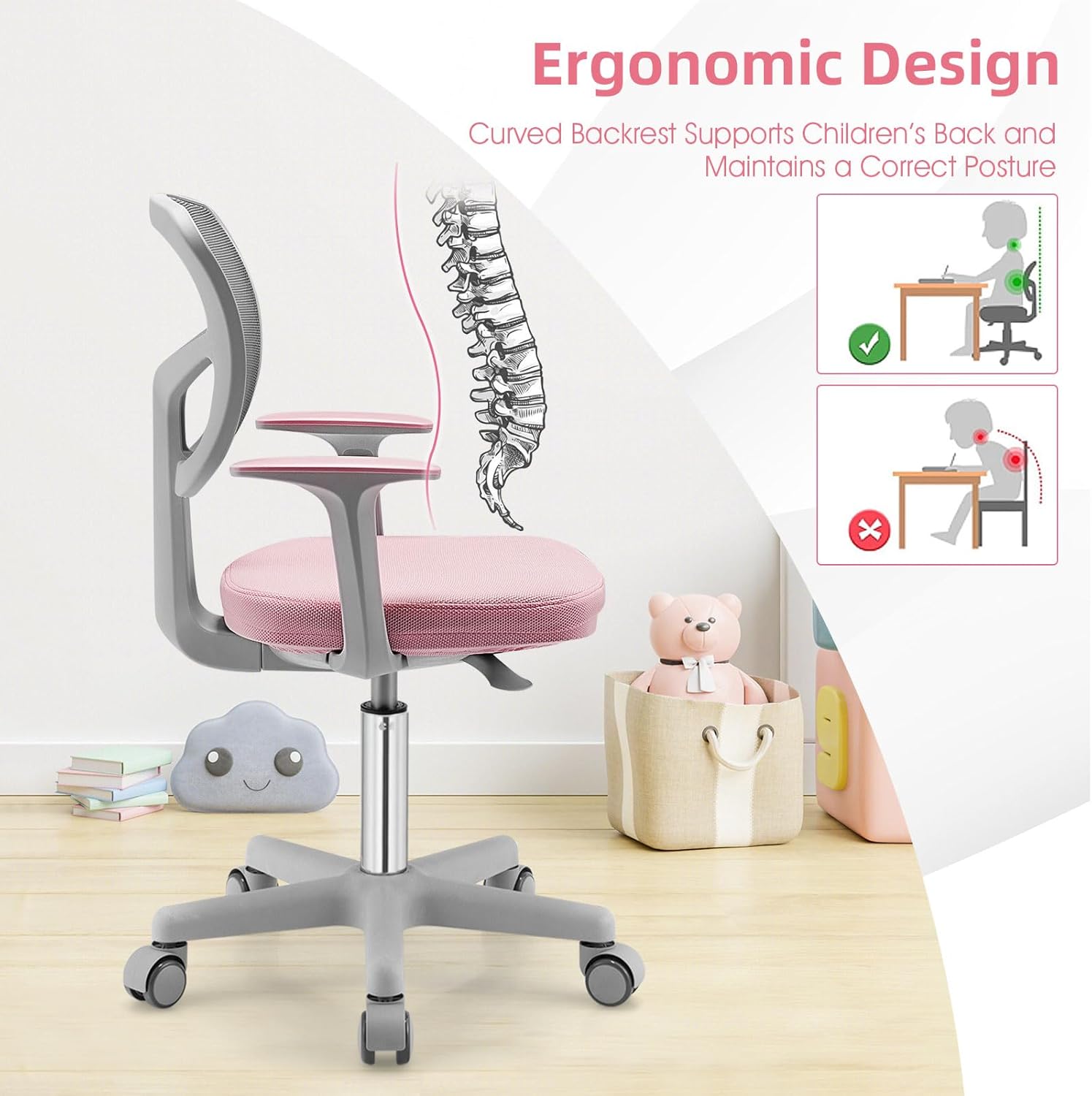 POWERSTONE Kids Desk Chair, Adjustable Mesh Computer Chair with Armrest, Soft Cushion and Mid Back Swivel Office Chair for Teens Students (Pink)