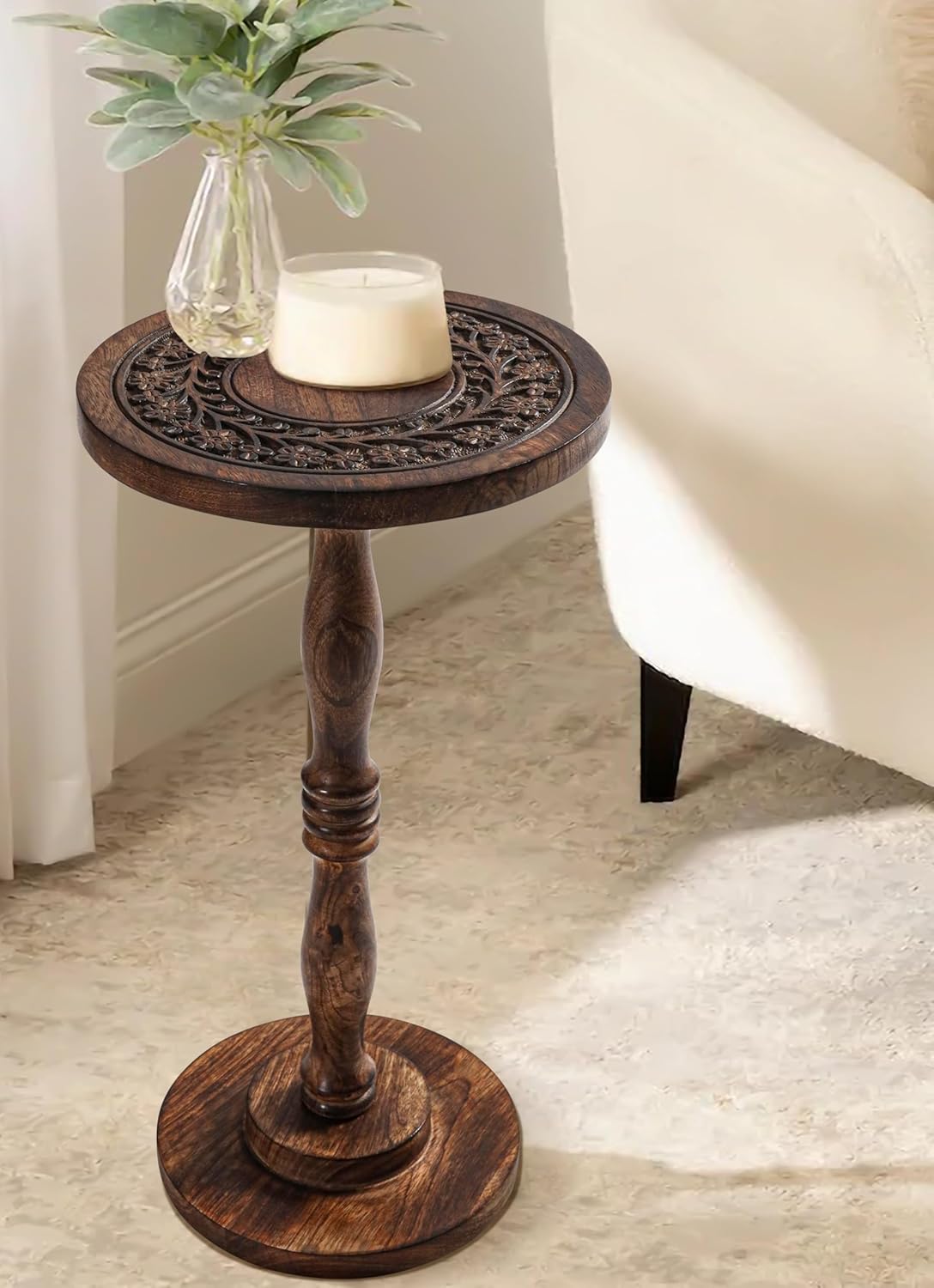 Rustic Wooden End Table 12x22 - Handcrafted Carved Side Table, Burnt Finish Bedside Table for Bedroom, Small Accent Table or Nightstand for Living Room