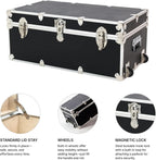 Large Essential Trunk With Wheels, Tray, & Lid Organizer - 32"x18"x14", 1000+ lbs Capacity. Strong, USA Made Summer Camp Footlocker, and Secure College Dorm Storage Chest