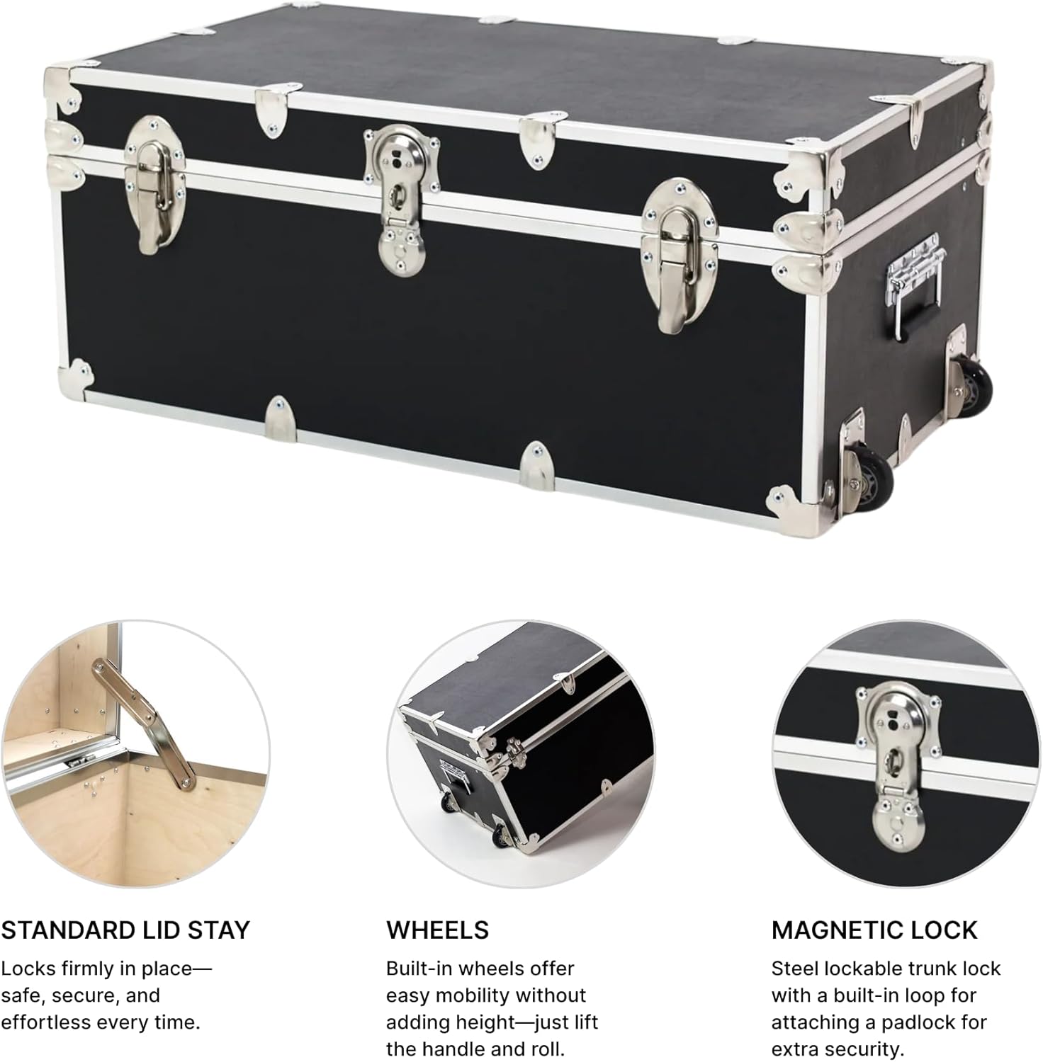 Large Essential Trunk With Wheels, Tray, & Lid Organizer - 32"x18"x14", 1000+ lbs Capacity. Strong, USA Made Summer Camp Footlocker, and Secure College Dorm Storage Chest
