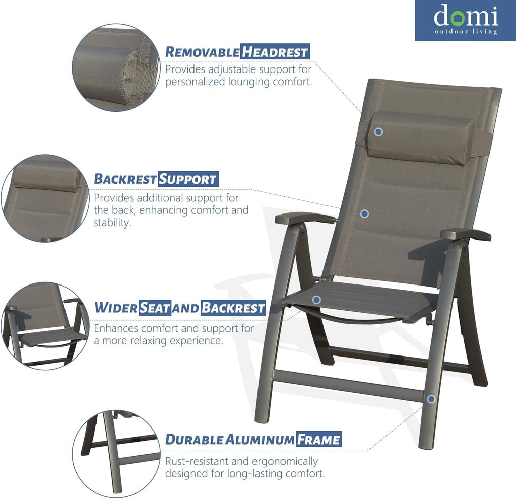 Domi Patio Outdoor Sling Chairs Set of 2 with Moveable Headrest, Folding Chairs Outdoor Reclining Camping Chairs with Armrest Adjustable High Backrest and Padded Textilene Fabric Seat