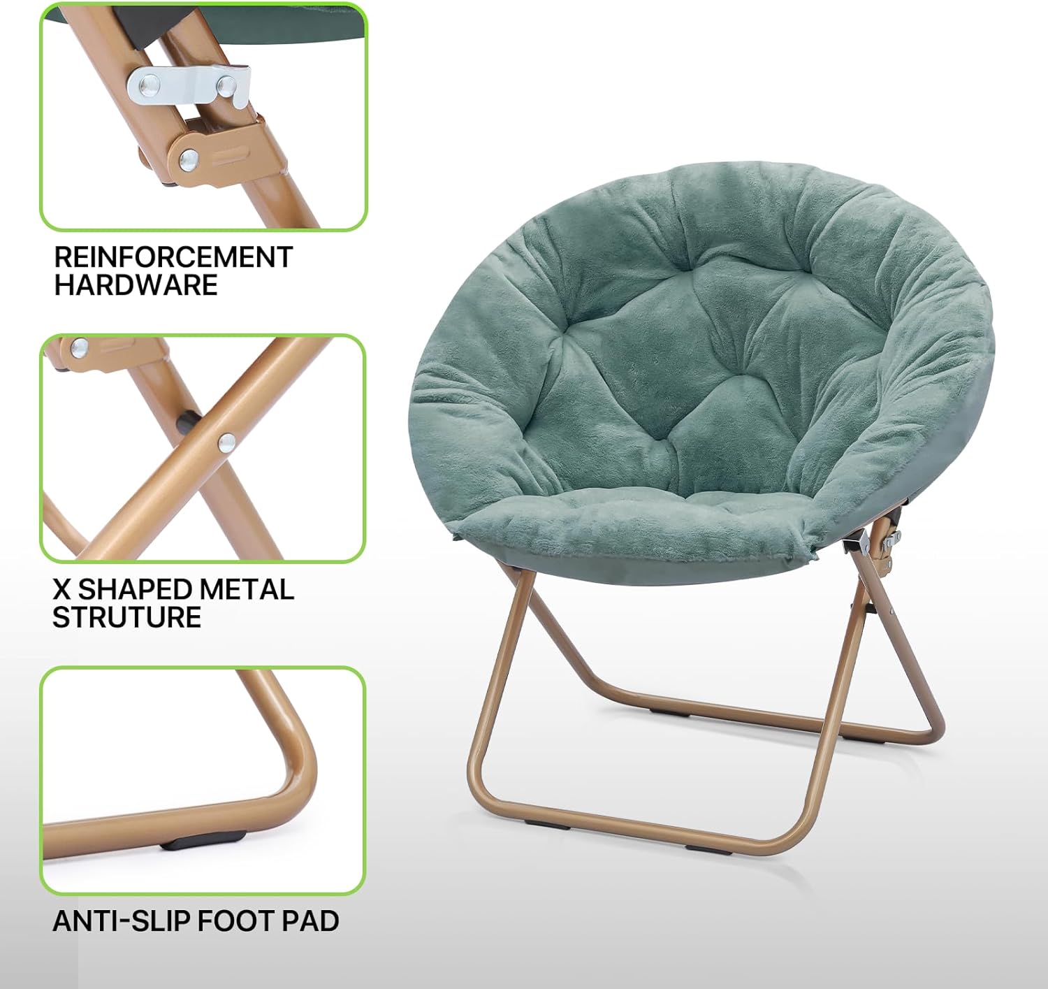 Magshion Folding Saucer Chair for Adults with Ottoman, Circle Reading Chair for Bedroom, Living Room & Dorm, Furry Comfy Accent Seat with Metal Leg & Thick Padded for Small Spaces (Teal, 2 Pack)