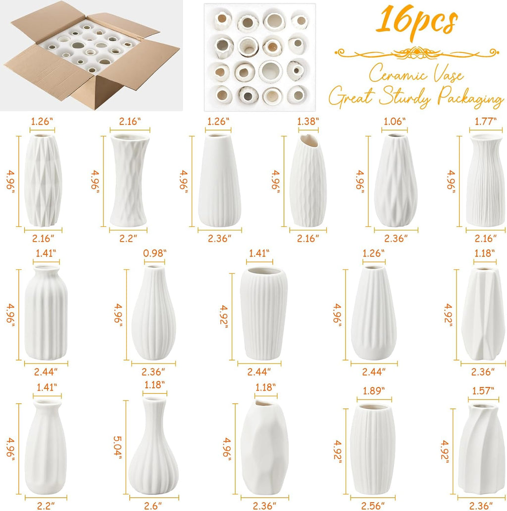 16packs Small White Ceramic Vases - Mini Flower Vases for Centerpieces, Boho Home Decor, White Bud Vase Set for Weddings Table Decor, Pampas Grass