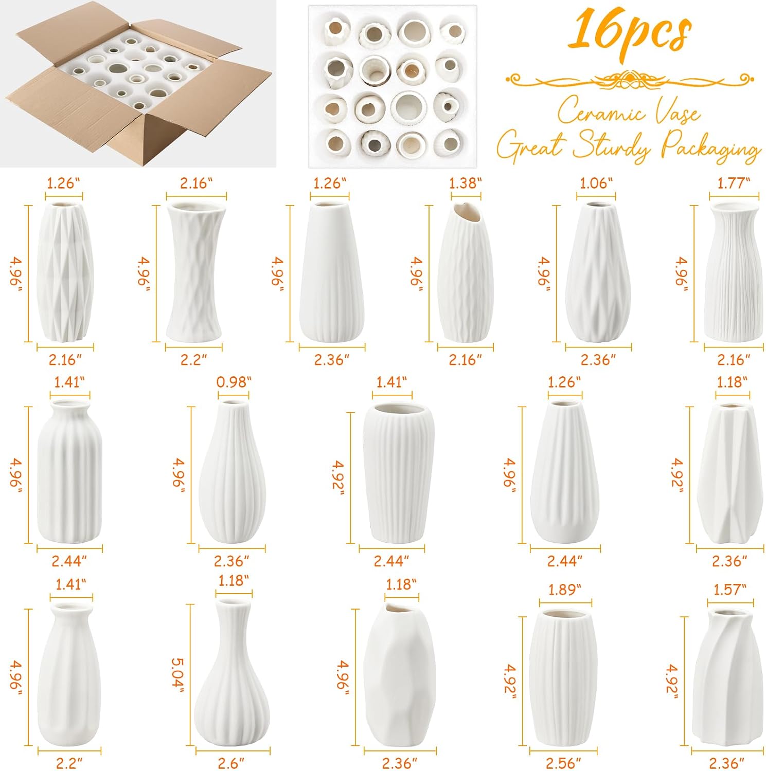16packs Small White Ceramic Vases - Mini Flower Vases for Centerpieces, Boho Home Decor, White Bud Vase Set for Weddings Table Decor, Pampas Grass