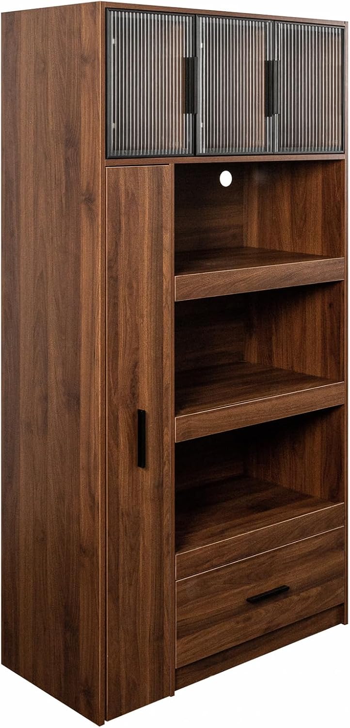 70.87" Tall Kitchen Pantry Cabinet, Walnut Wood Pantry Cabinet with 2 Drawers, 3 Sliding Tray, Aluminum Frame Glass Door Cabinets for Living Room, Dining Room,Garage,Basement, Walnut C