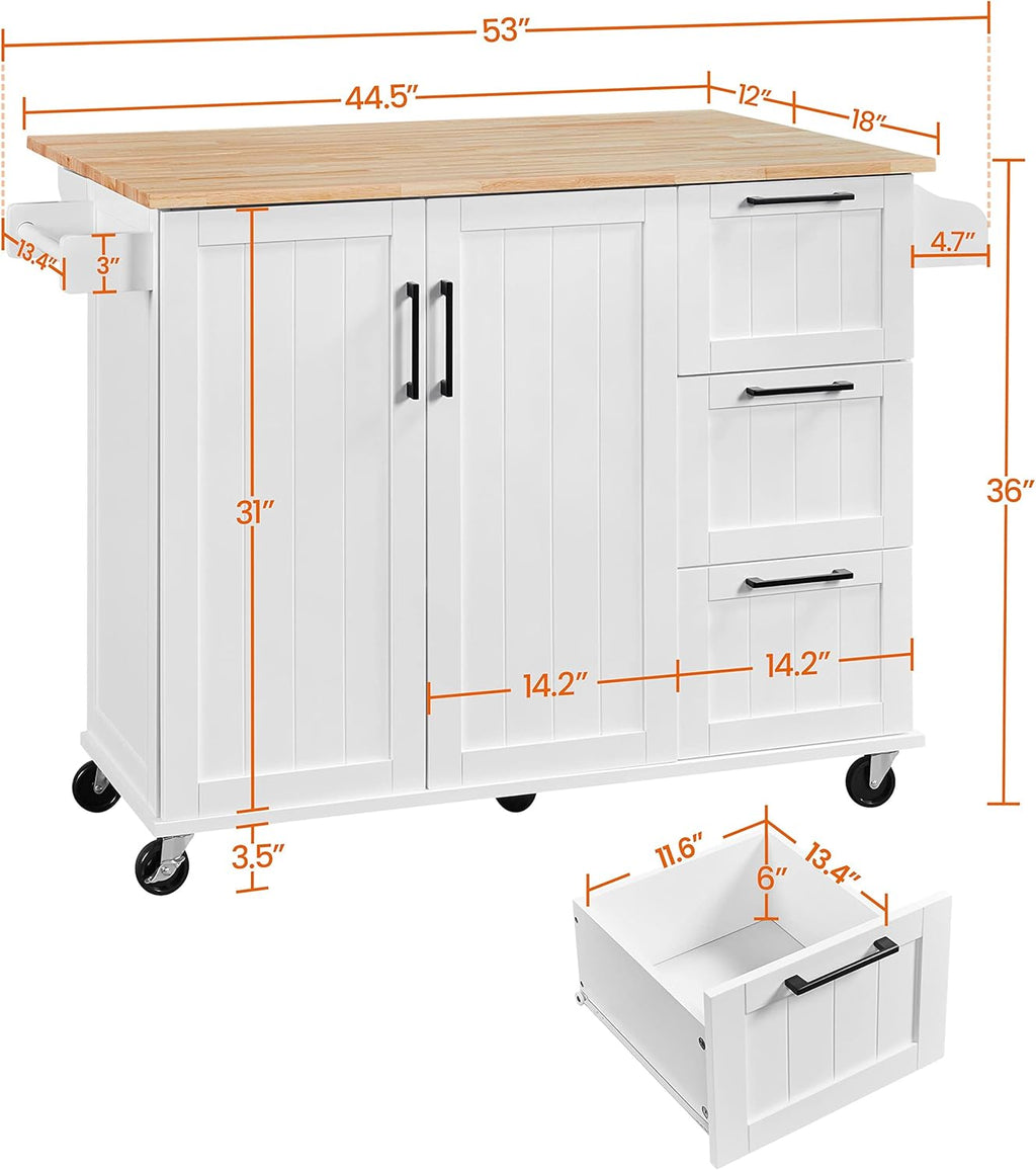 Yaheetech Kitchen Island with Drop-Leaf Breakfast Bar, 53" Width Kitchen Cart on 5 Universal Wheels with Rubberwood Top, Storage Cabinet, 3 Drawers, and Spice Rack for Dining Room, White