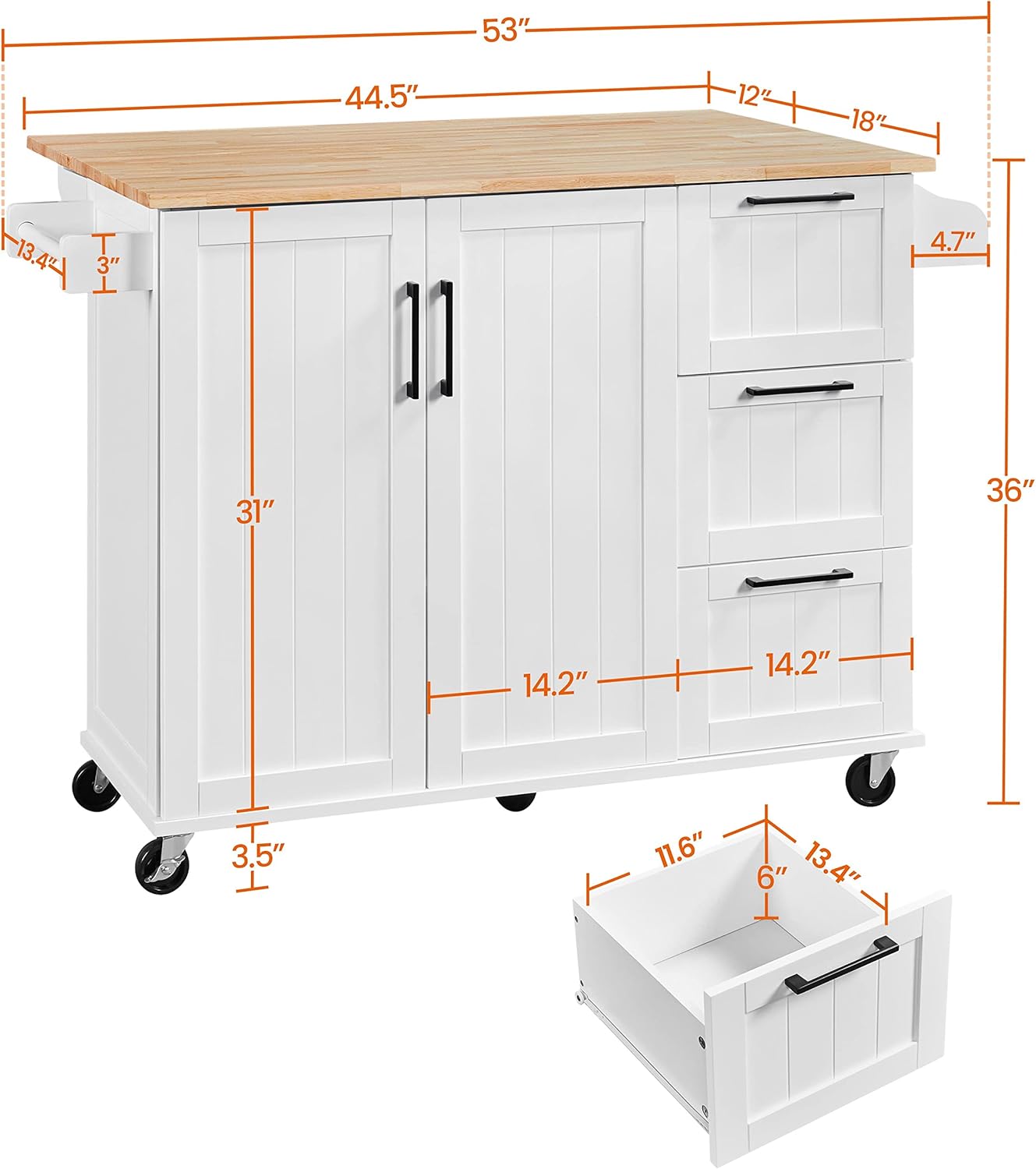 Yaheetech Kitchen Island with Drop-Leaf Breakfast Bar, 53" Width Kitchen Cart on 5 Universal Wheels with Rubberwood Top, Storage Cabinet, 3 Drawers, and Spice Rack for Dining Room, White