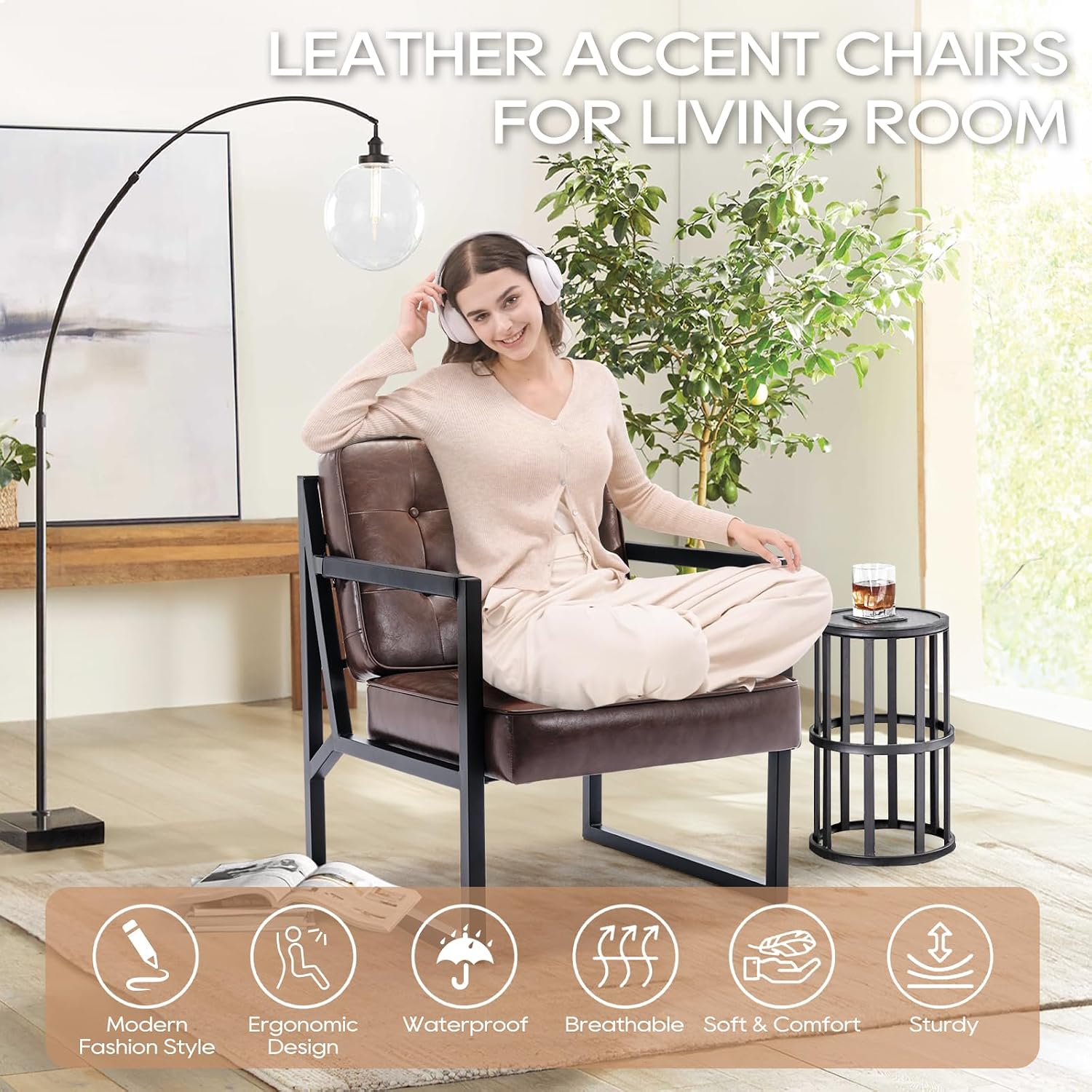 COLAMY Mid Century Modern Accent Chair, Comfy Living Room Chairs, Brown Leather Accent Chair, Faux Leather Reception Armchair with Metal Legs for Living Room Bedroom Reception Waiting Room, Brown