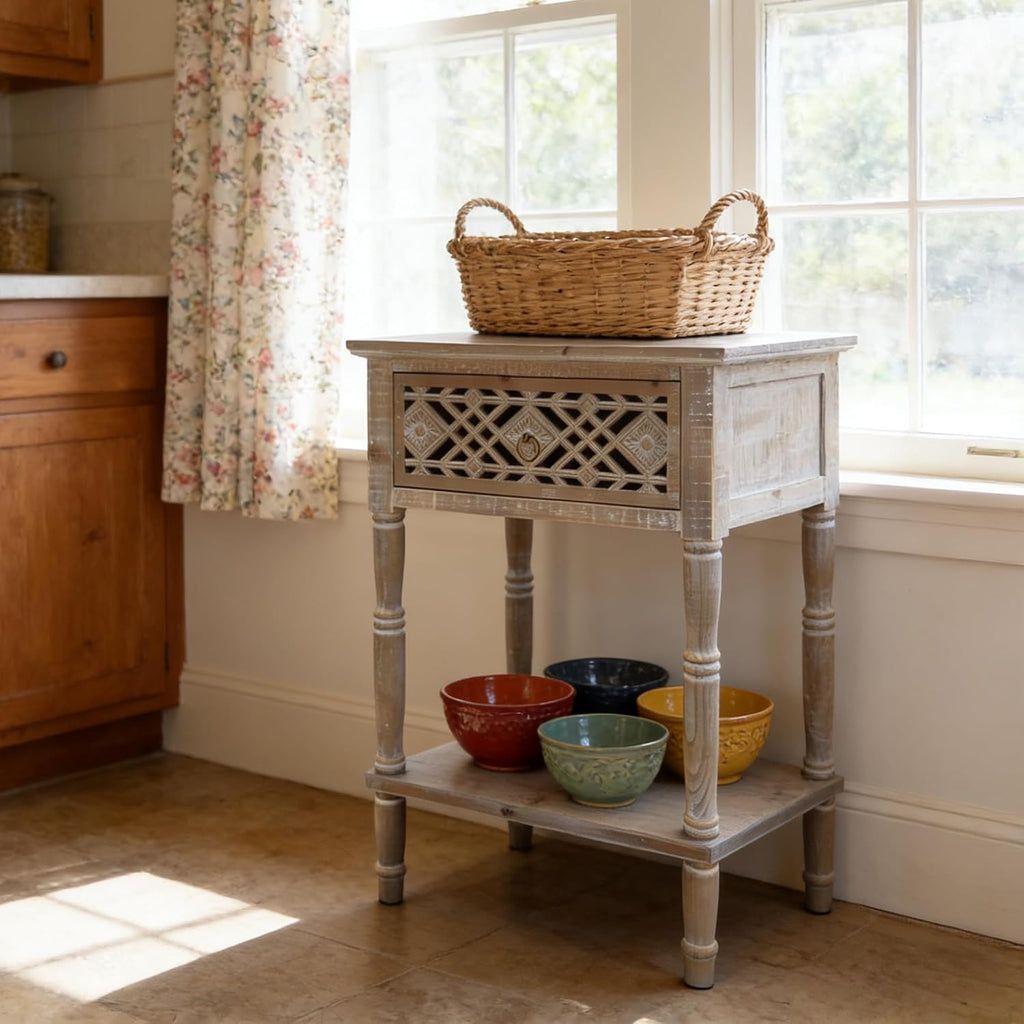 PARISLOFT Vintage Wood End Table,Farmhouse Style (Dark Gray)
