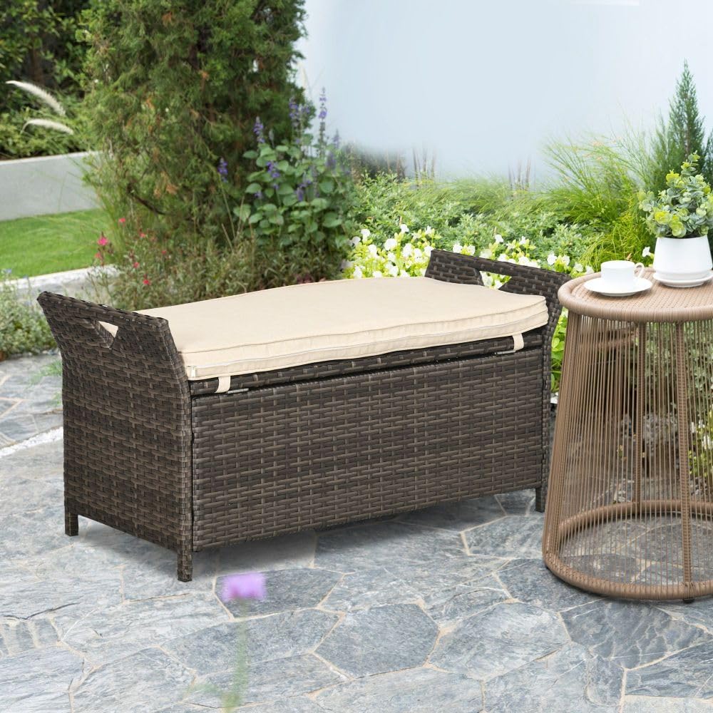 27 Gallon Patio Wicker Storage Bench with Cushion, 2-in-1 Garden Storage Box Deck Box with Handles