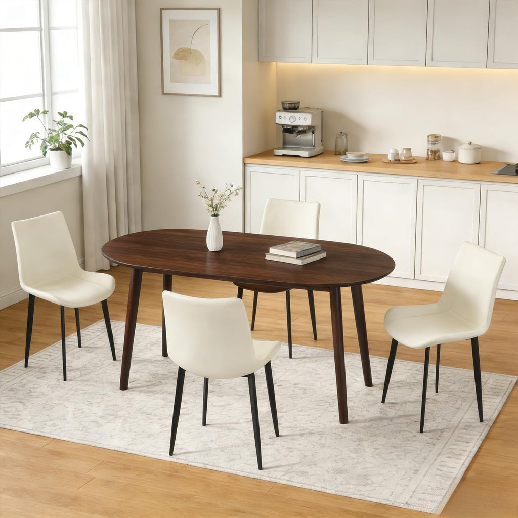 63" Oval Dining Table Set for 4, 5 Piece Modern Dining Table Set for Kitchen and Dining Room, Solid Wood Legs Dining Table with 4 PU Leather Dining Chairs（Walnut Table+4 Beige