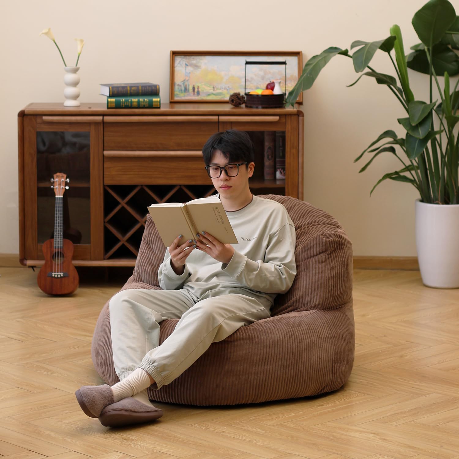 N&V Large Crescent Bean Bag Chair, Adult Size Bean Bag Sack, Foam Filling, Soft Premium Corduroy Bean Bag for Living Room Bedroom Dorm and Office (Brown Sugar)